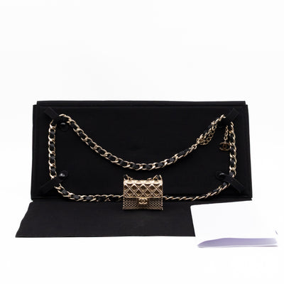 Leather Chain Necklace & Belt with Bag Charm Gold