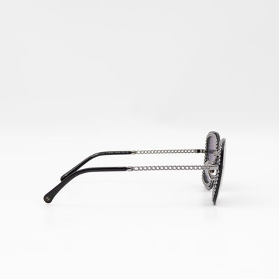 Square Sunglasses With Pearl Triple Chain