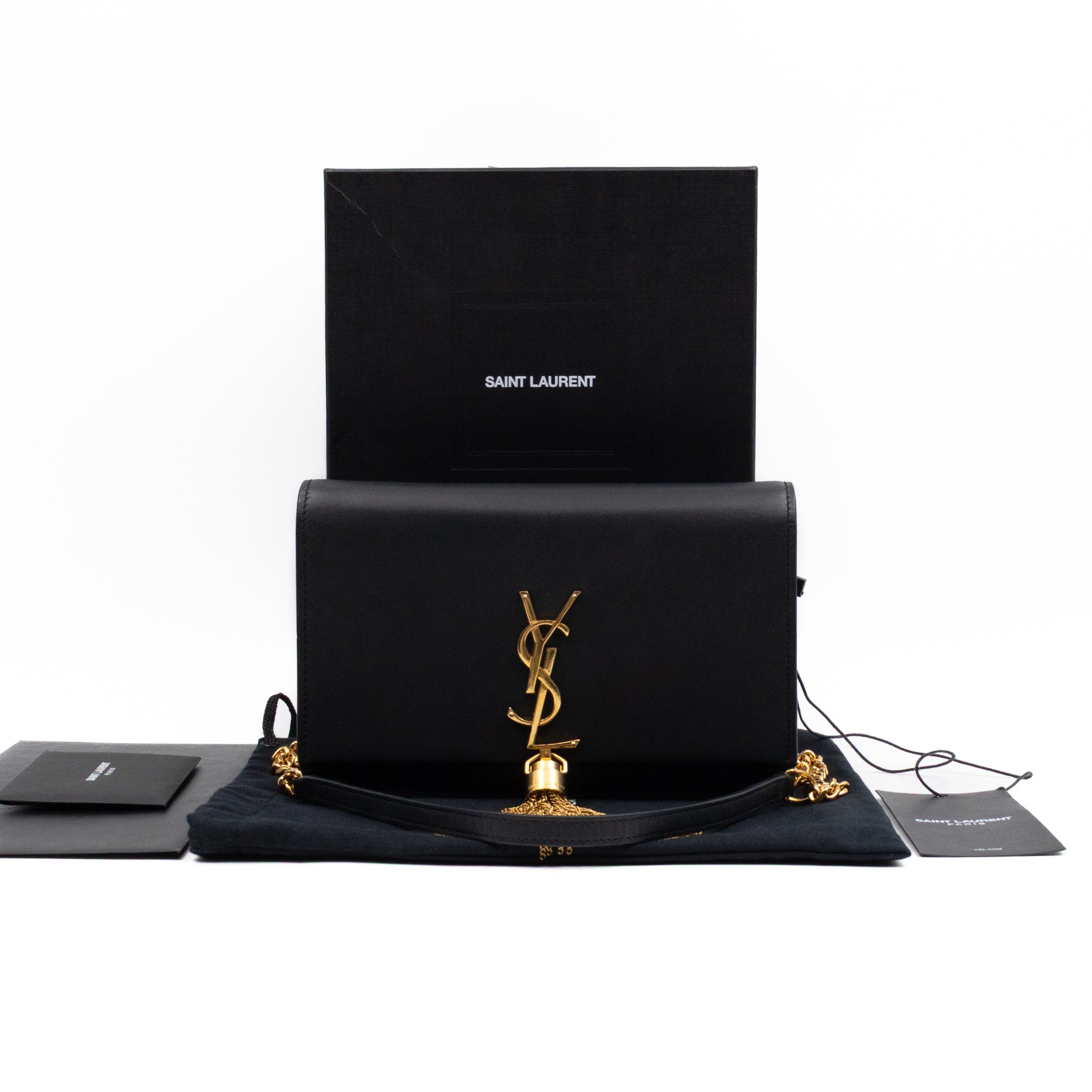 Kate Tassel Chain Wallet Black Smooth Leather Gold