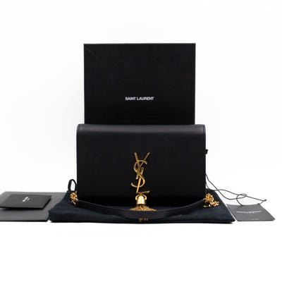 Kate Tassel Chain Wallet Black Smooth Leather Gold