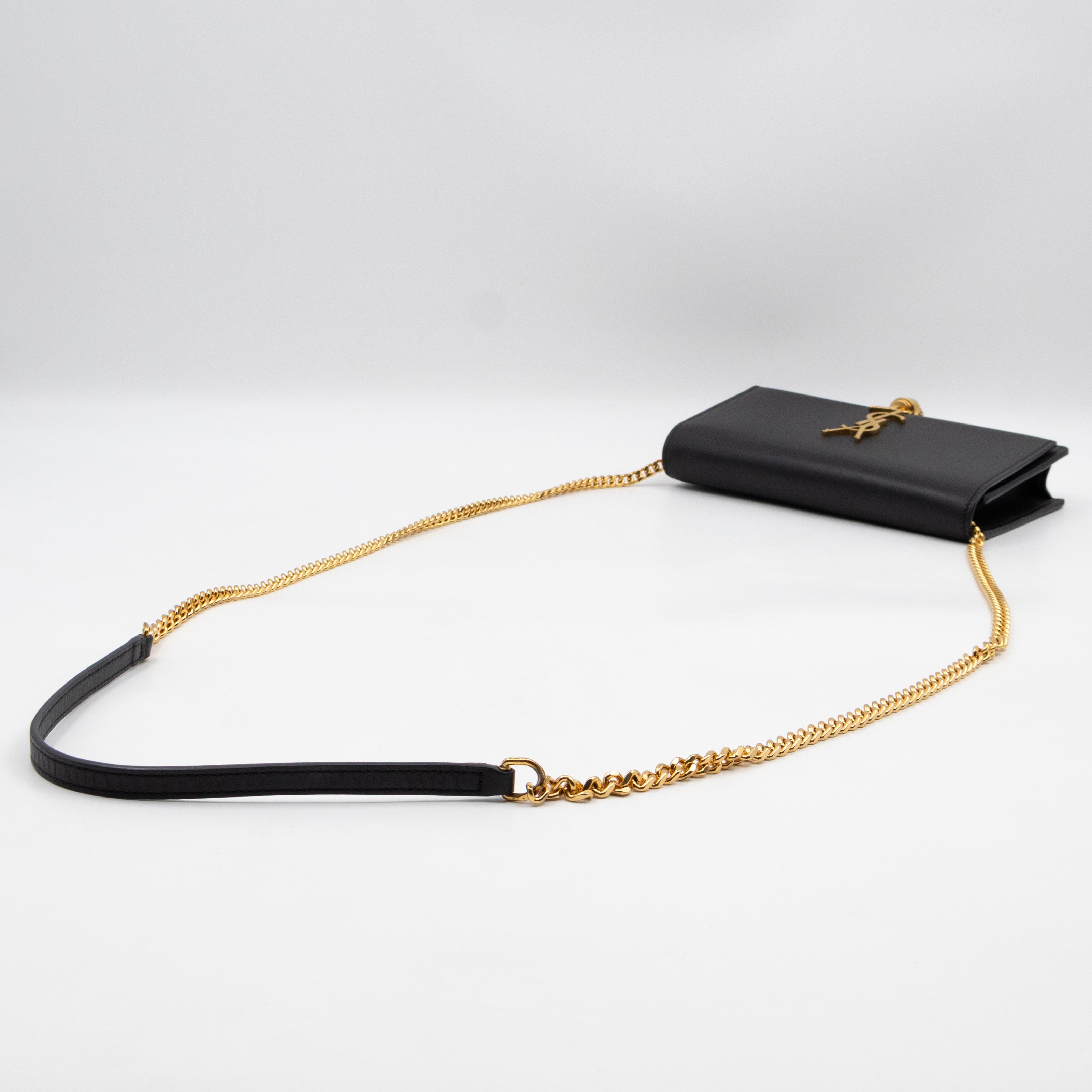 Kate Tassel Chain Wallet Black Smooth Leather Gold