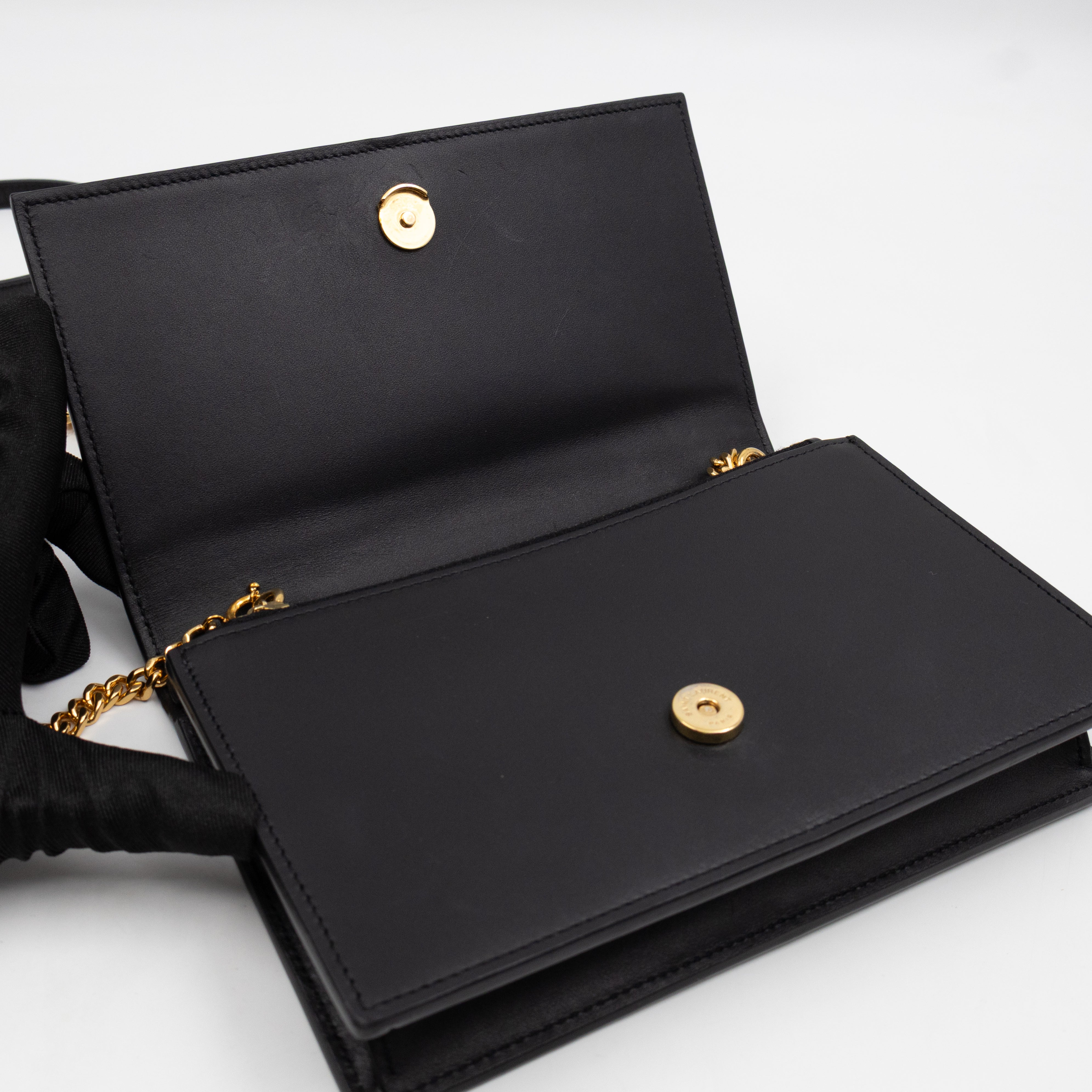 Kate Tassel Chain Wallet Black Smooth Leather Gold