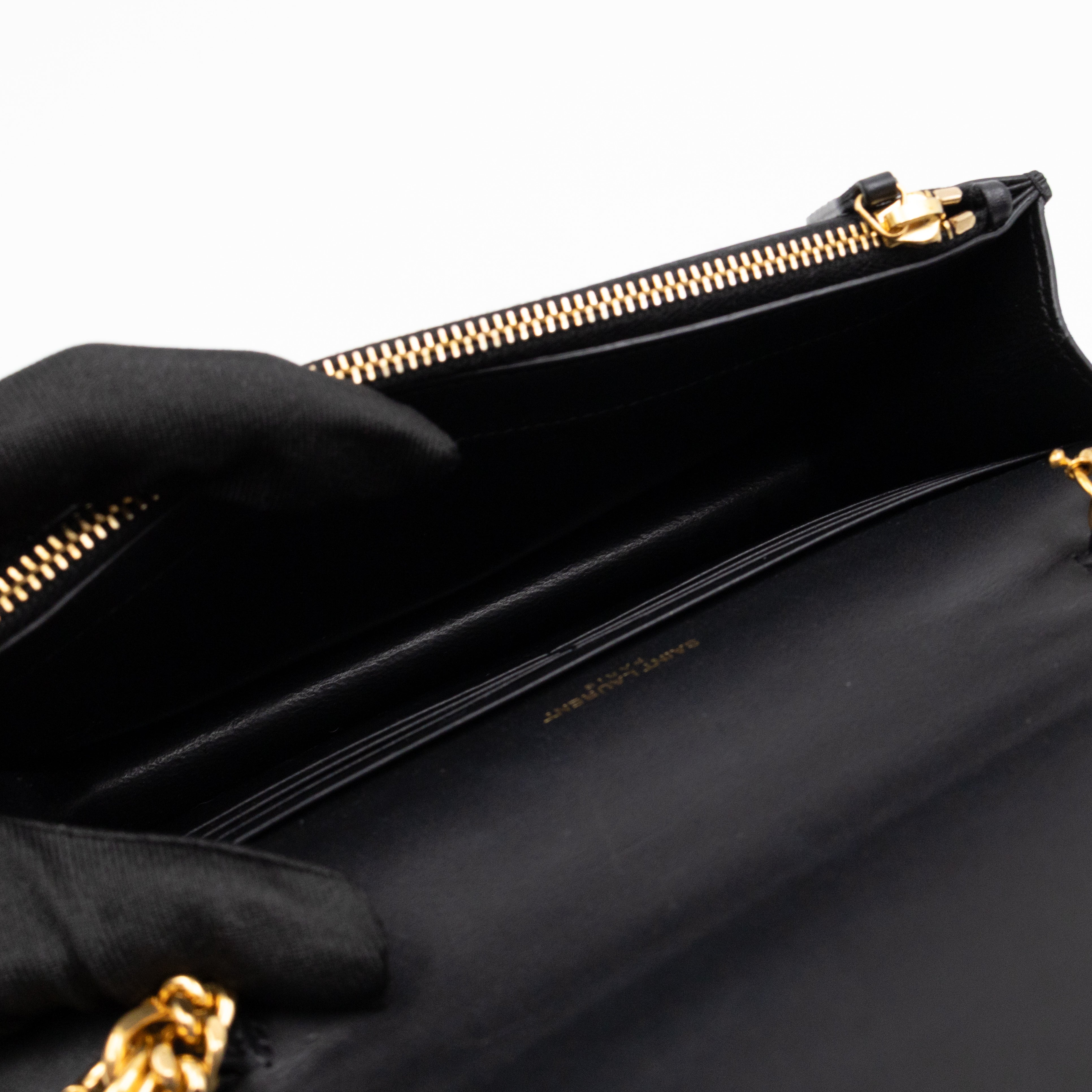 Kate Tassel Chain Wallet Black Smooth Leather Gold