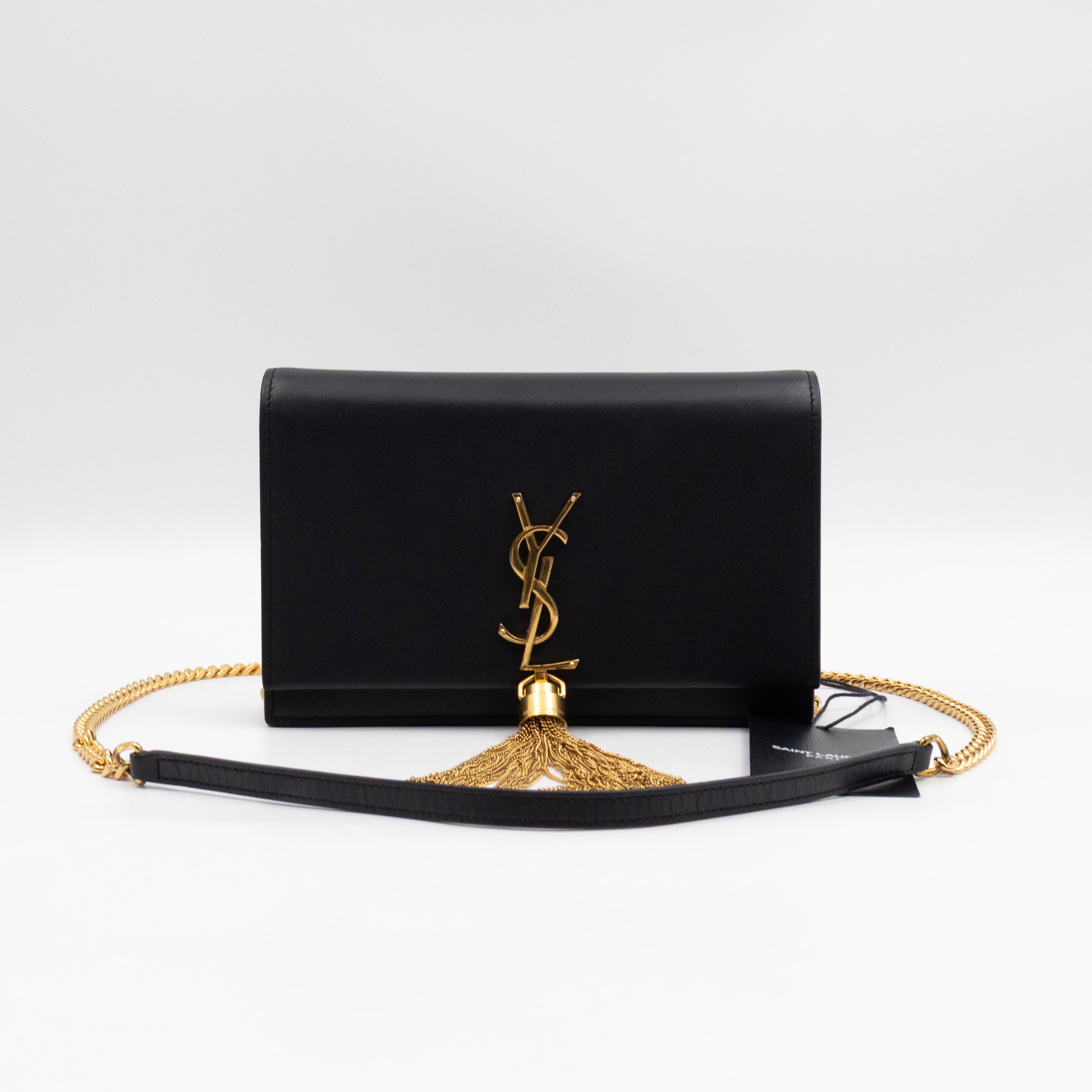 Kate Tassel Chain Wallet Black Smooth Leather Gold