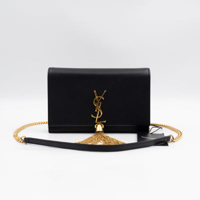Kate Tassel Chain Wallet Black Smooth Leather Gold