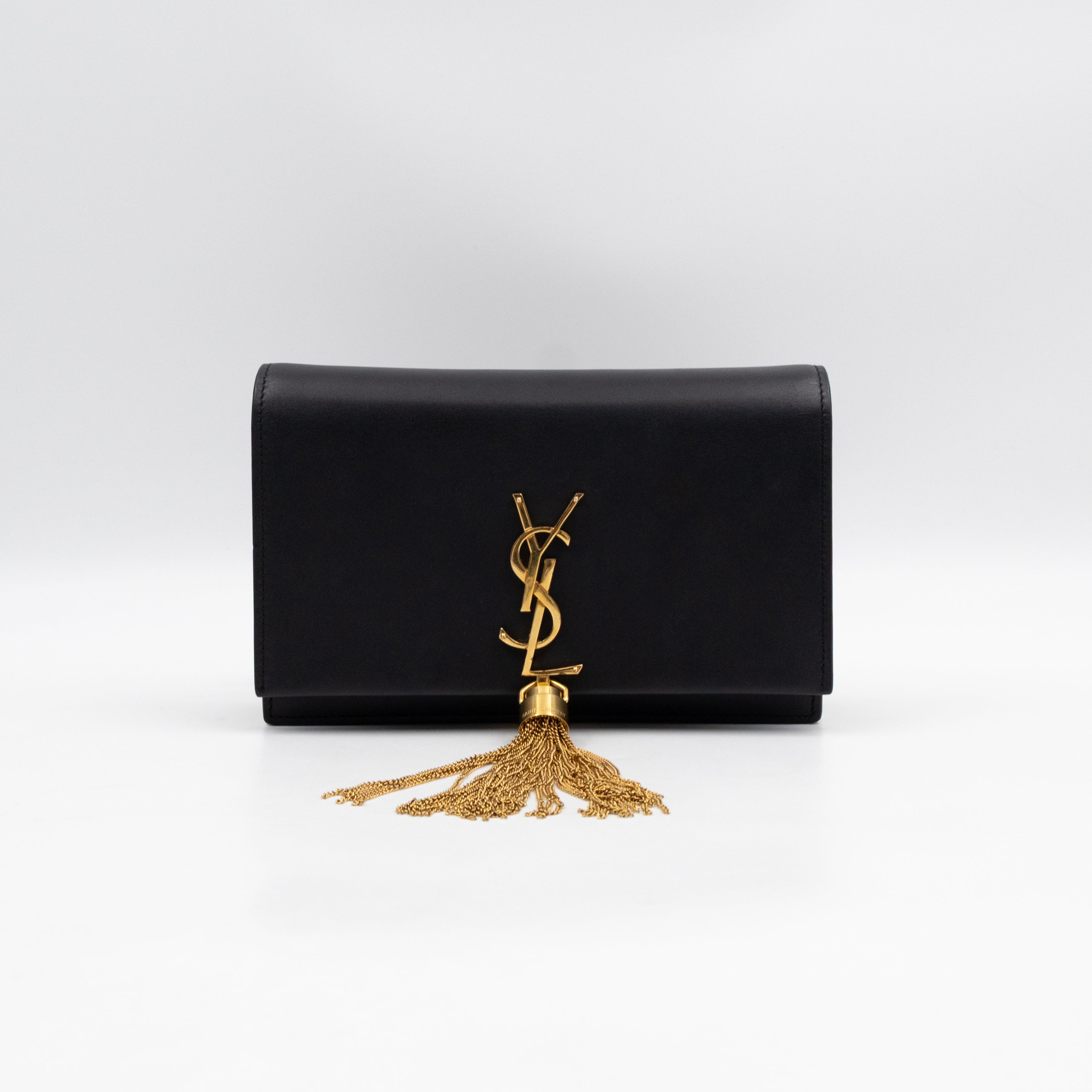 Kate Tassel Chain Wallet Black Smooth Leather Gold