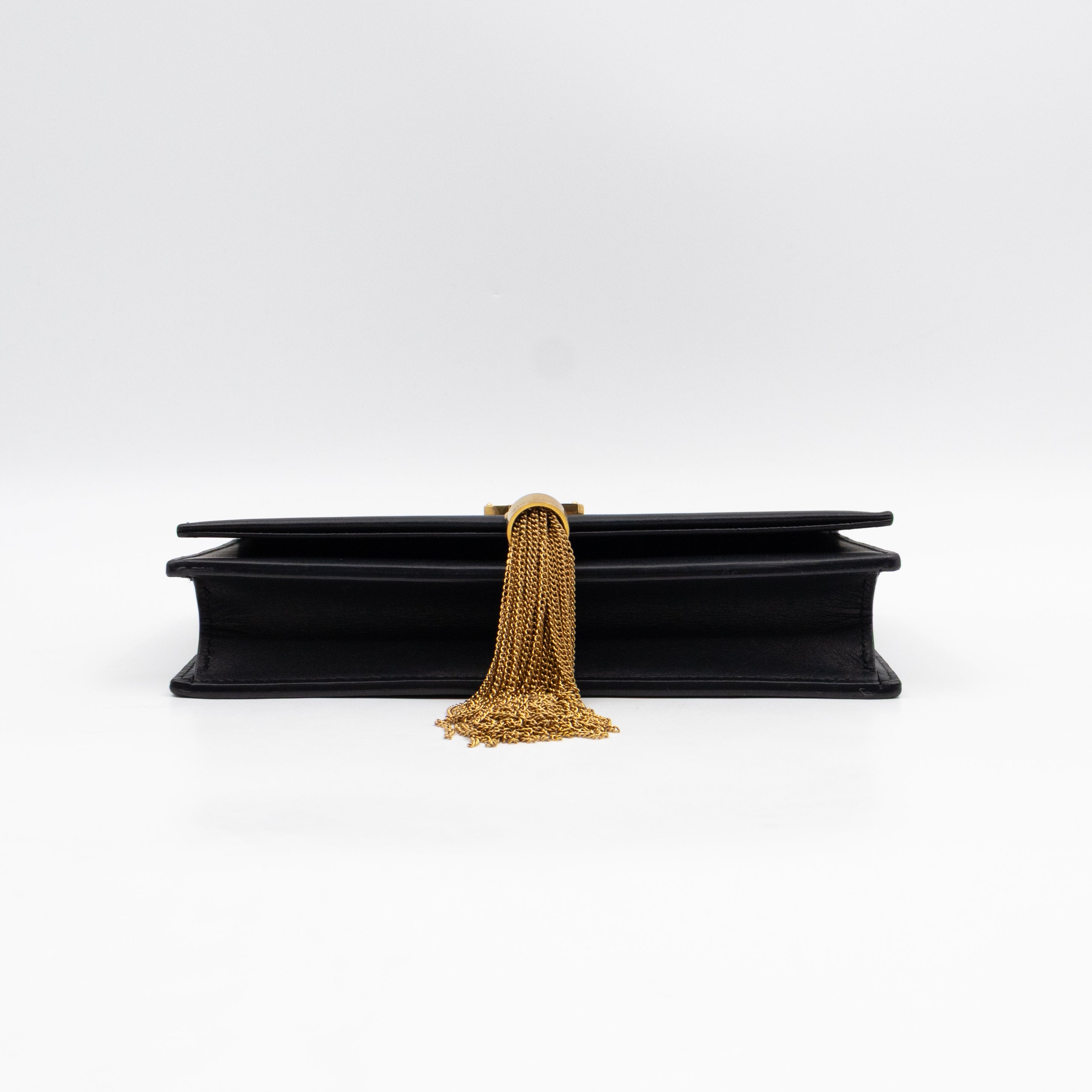 Kate Tassel Chain Wallet Black Smooth Leather Gold