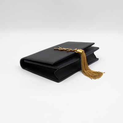 Kate Tassel Chain Wallet Black Smooth Leather Gold
