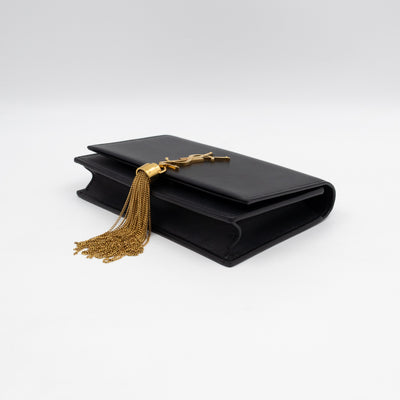 Kate Tassel Chain Wallet Black Smooth Leather Gold