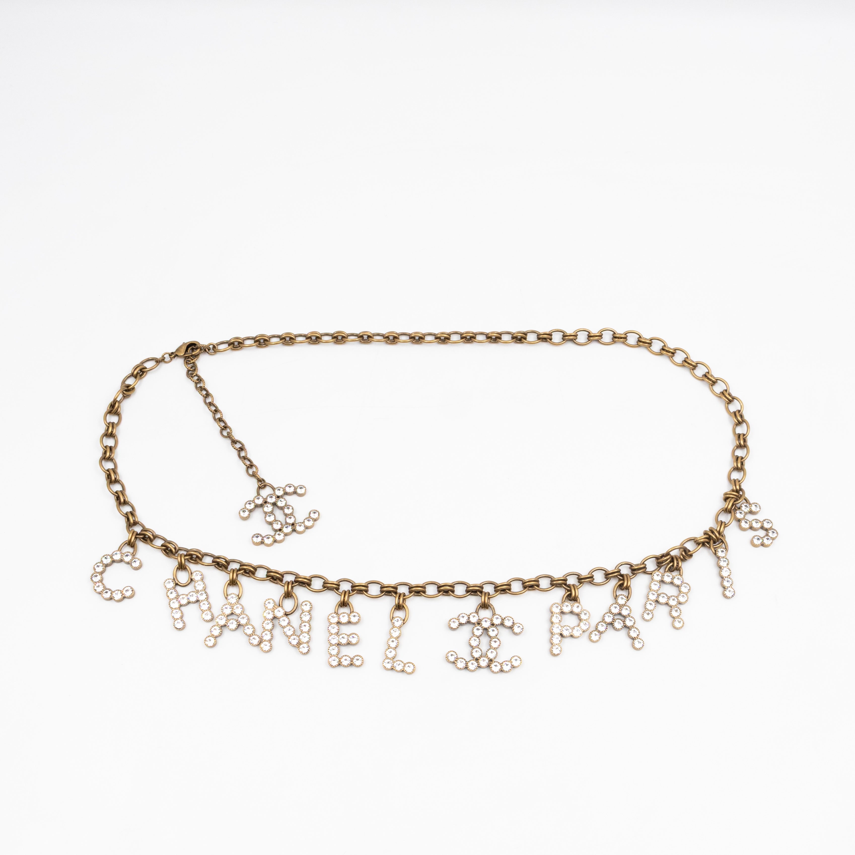 Crystals Letters CC Chain Necklace & Belt Aged Gold