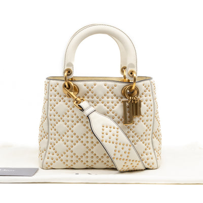Lady Dior Medium Supple Cannage Studded White Leather