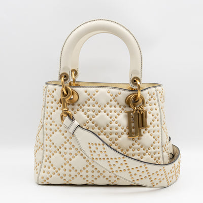 Lady Dior Medium Supple Cannage Studded White Leather