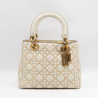 Lady Dior Medium Supple Cannage Studded White Leather