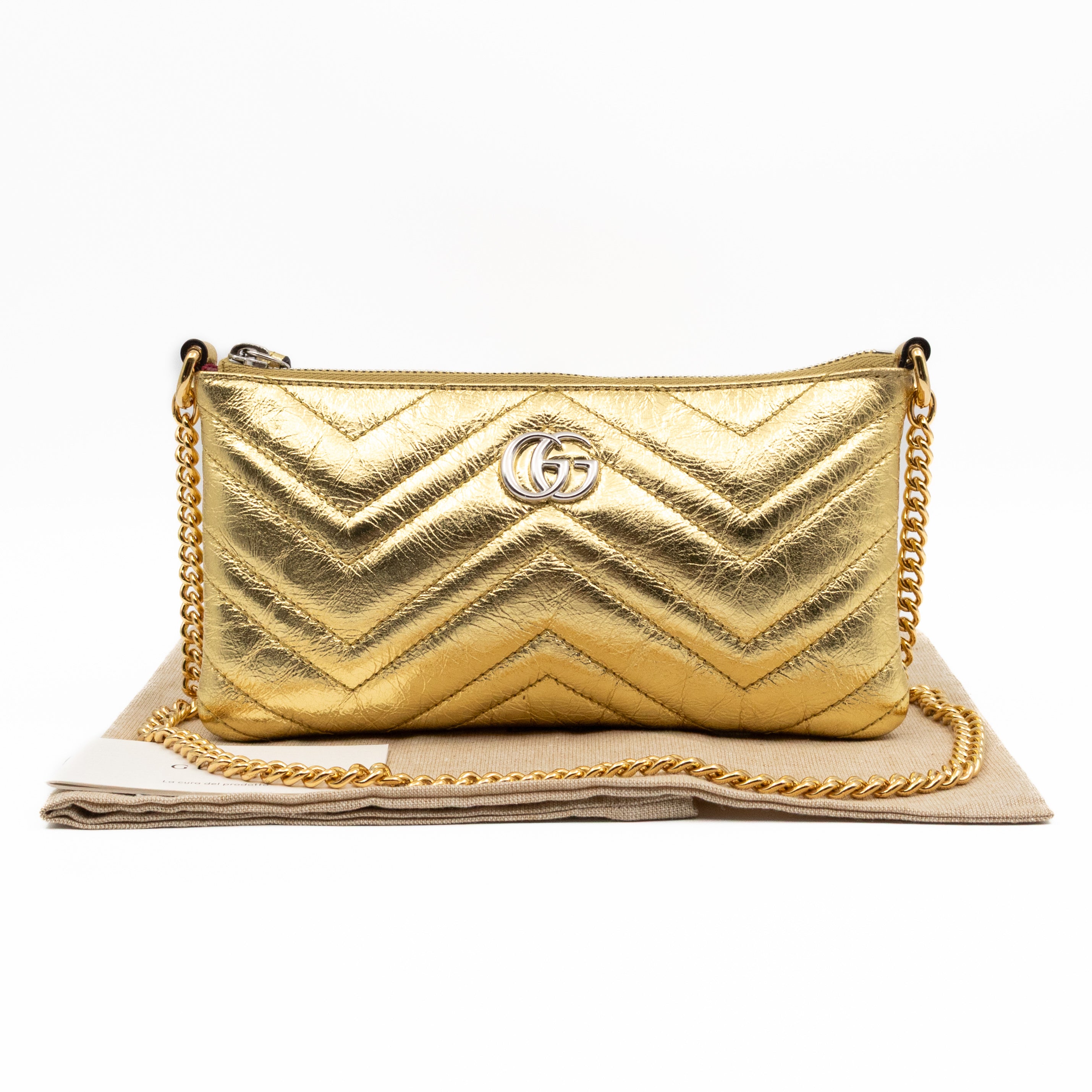 GG Marmont Chain Wallet Gold Crumpled Leather
