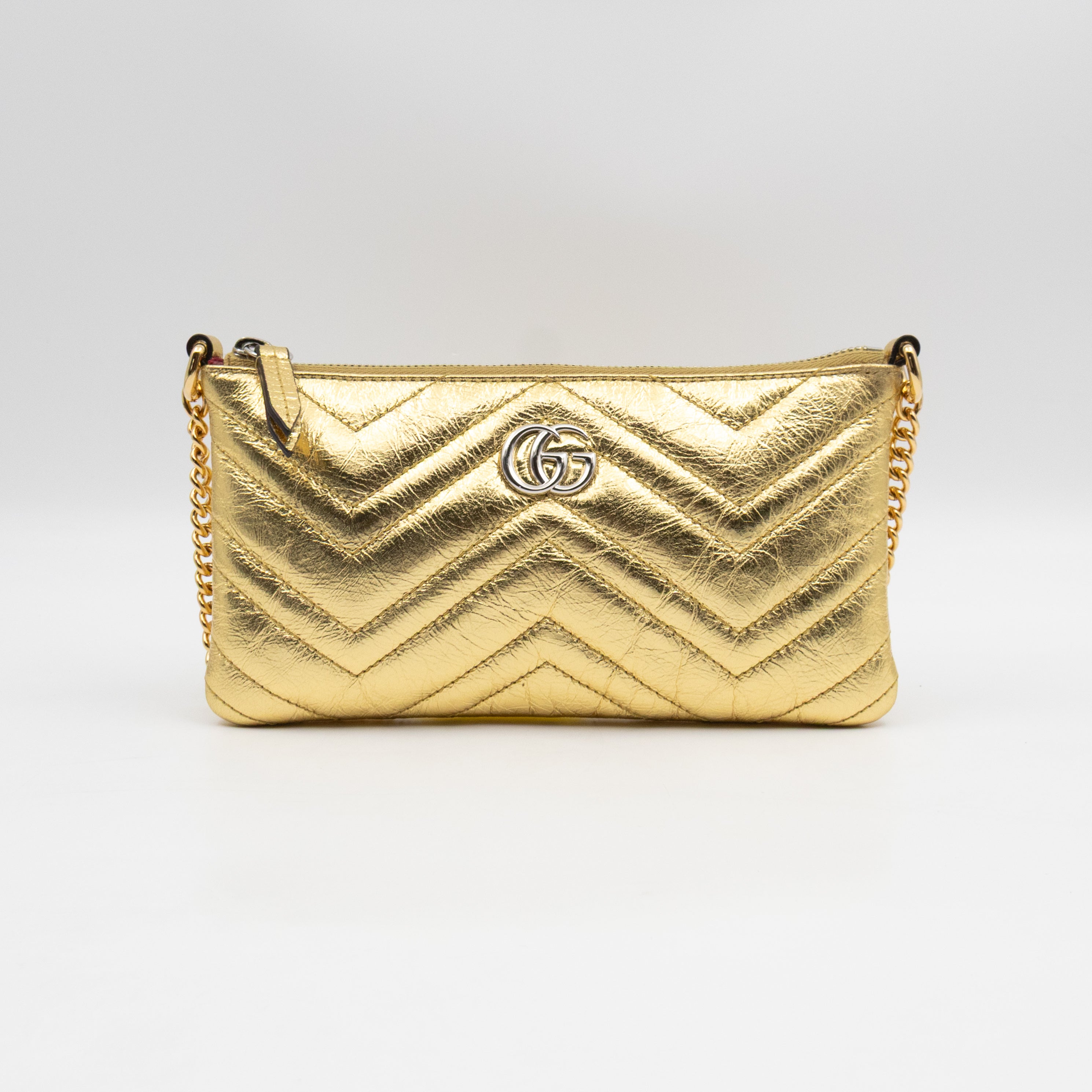 GG Marmont Chain Wallet Gold Crumpled Leather