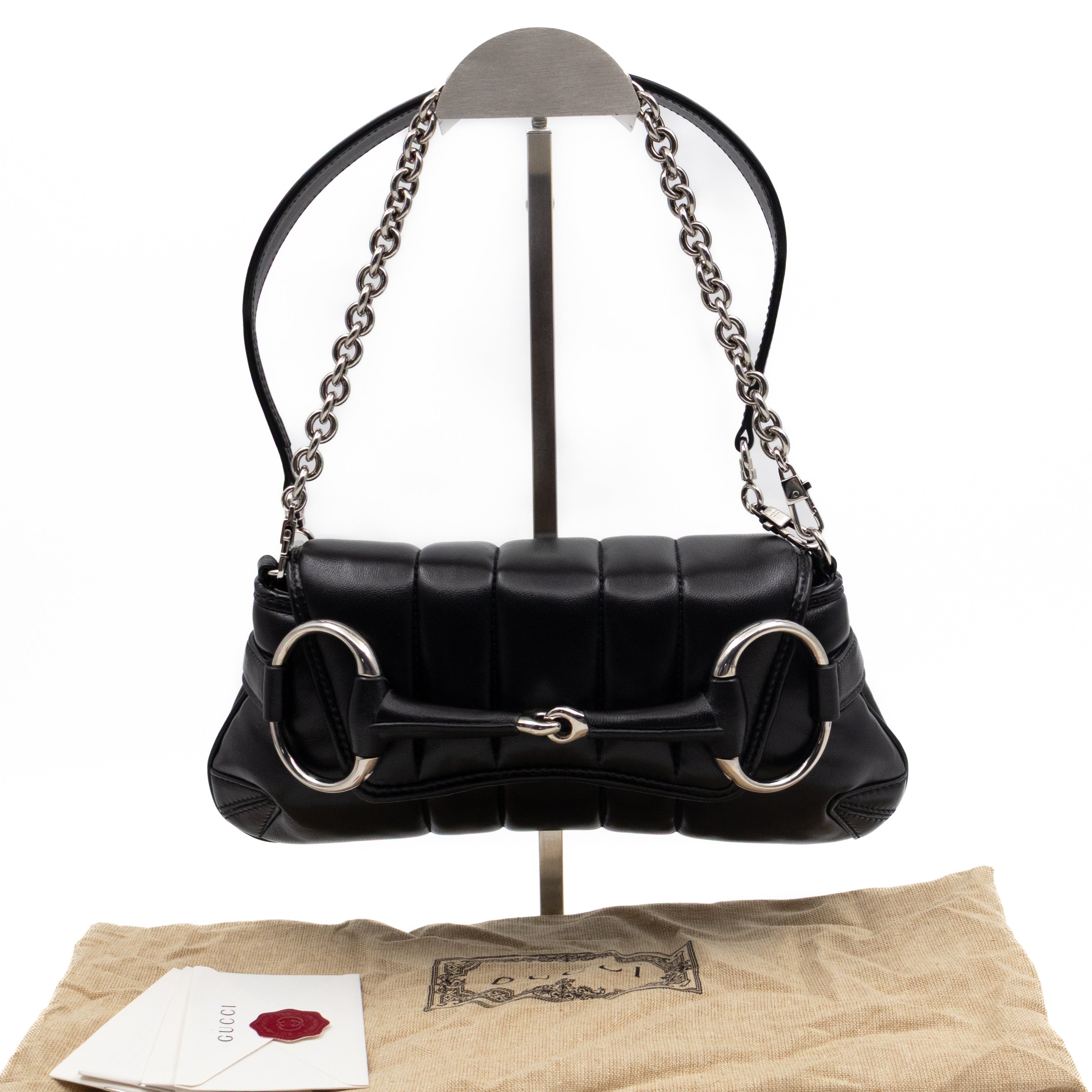 Horsebit Chain Small Shoulder Bag Black Quilted Lambskin Leather