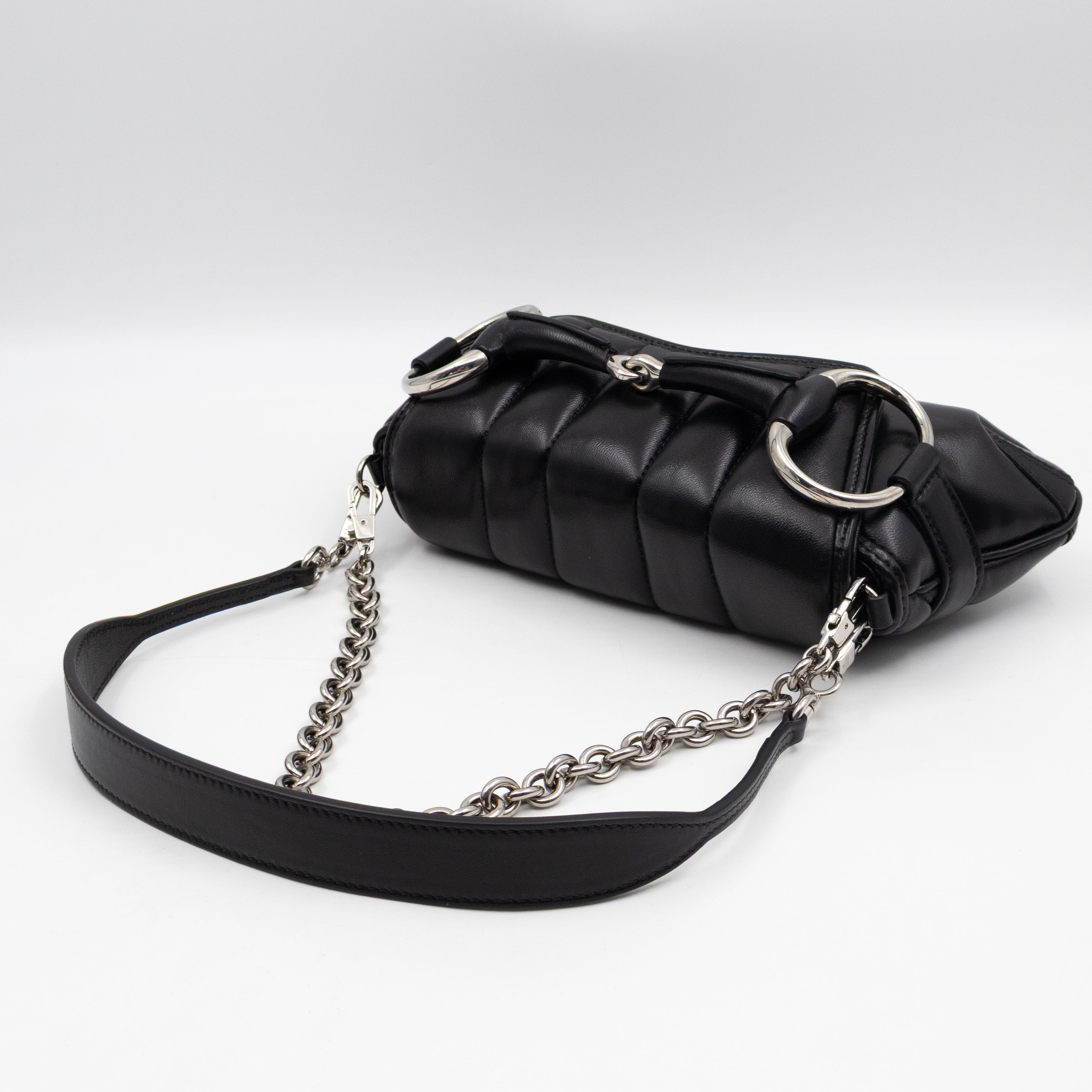 Horsebit Chain Small Shoulder Bag Black Quilted Lambskin Leather