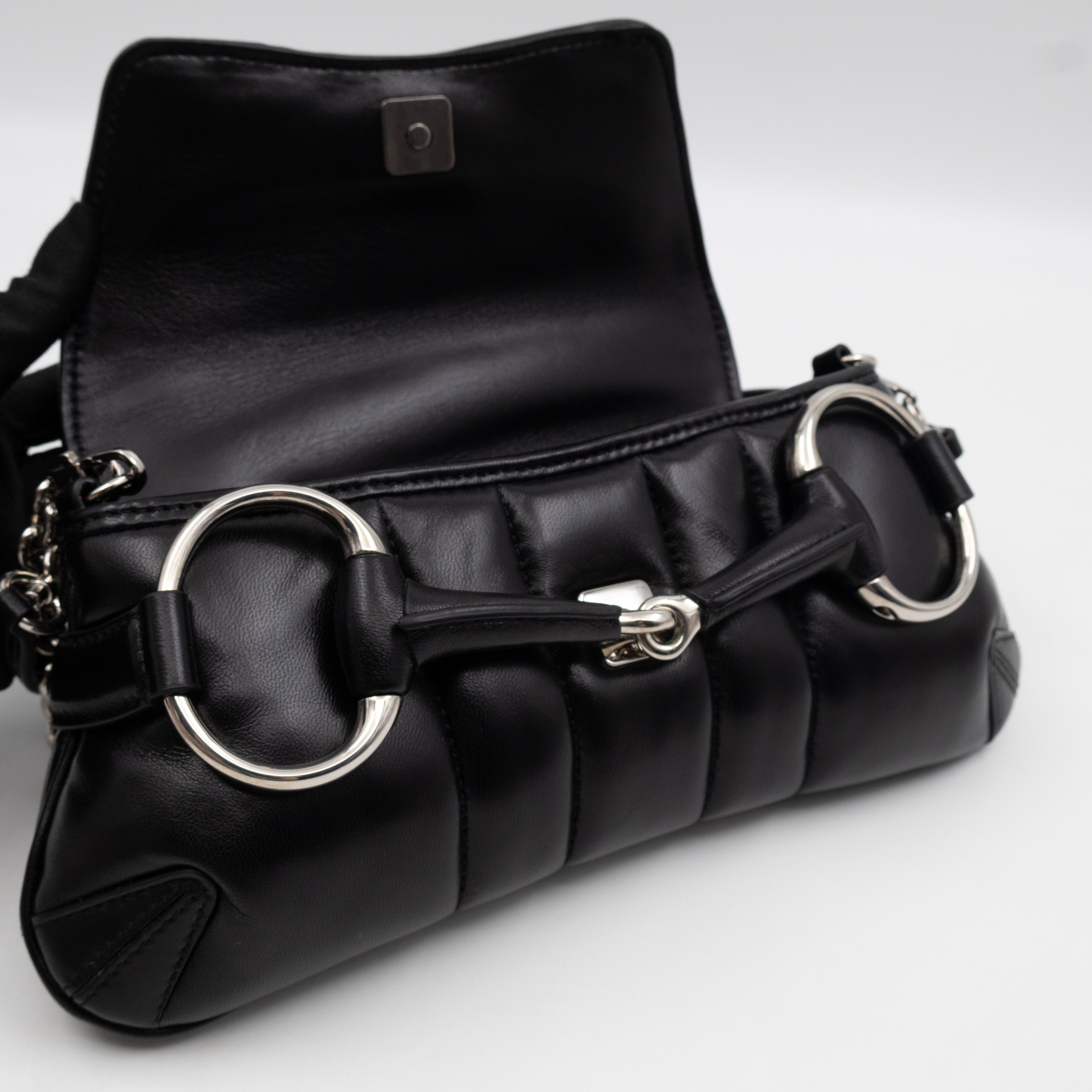 Horsebit Chain Small Shoulder Bag Black Quilted Lambskin Leather