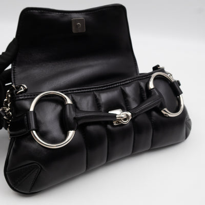 Horsebit Chain Small Shoulder Bag Black Quilted Lambskin Leather