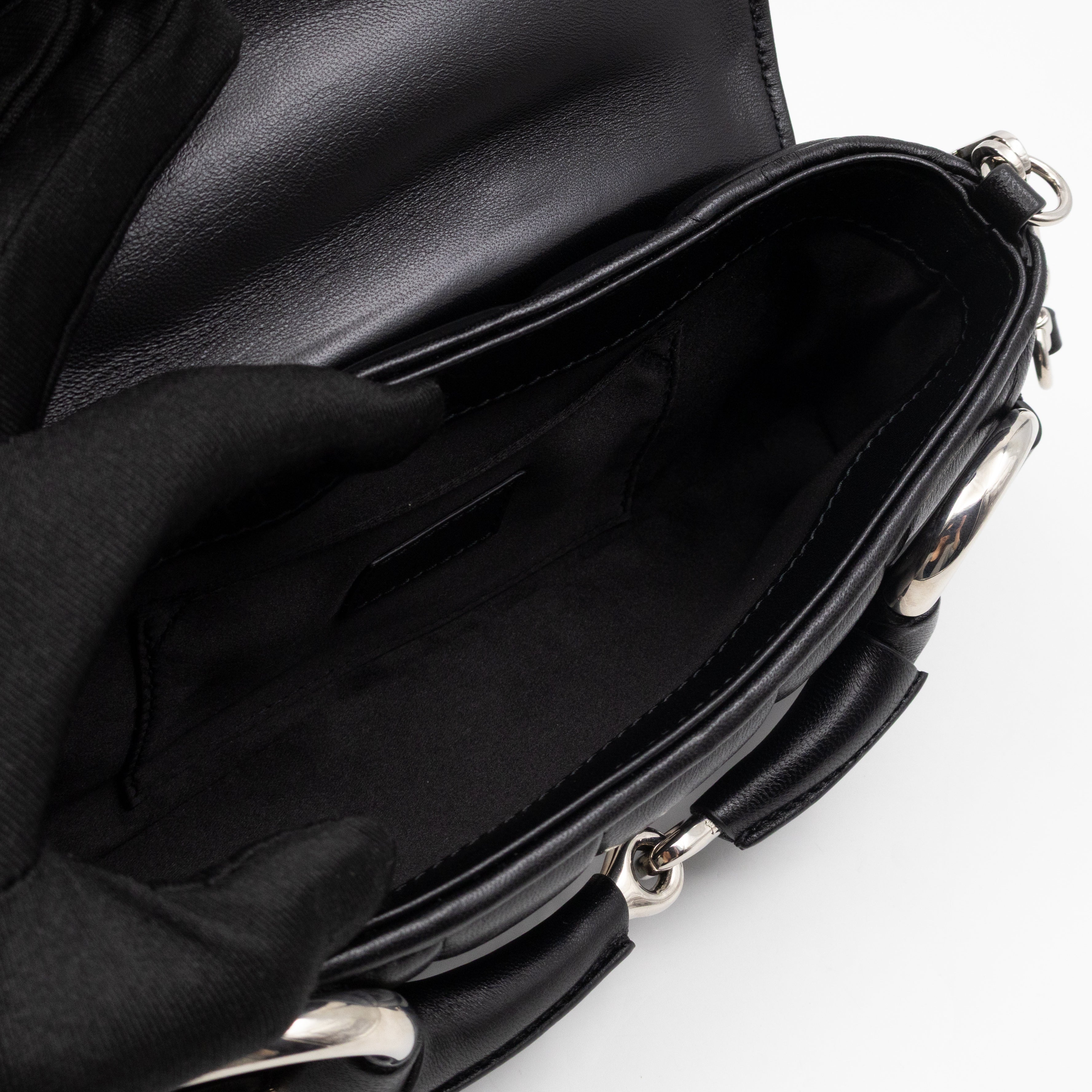 Horsebit Chain Small Shoulder Bag Black Quilted Lambskin Leather