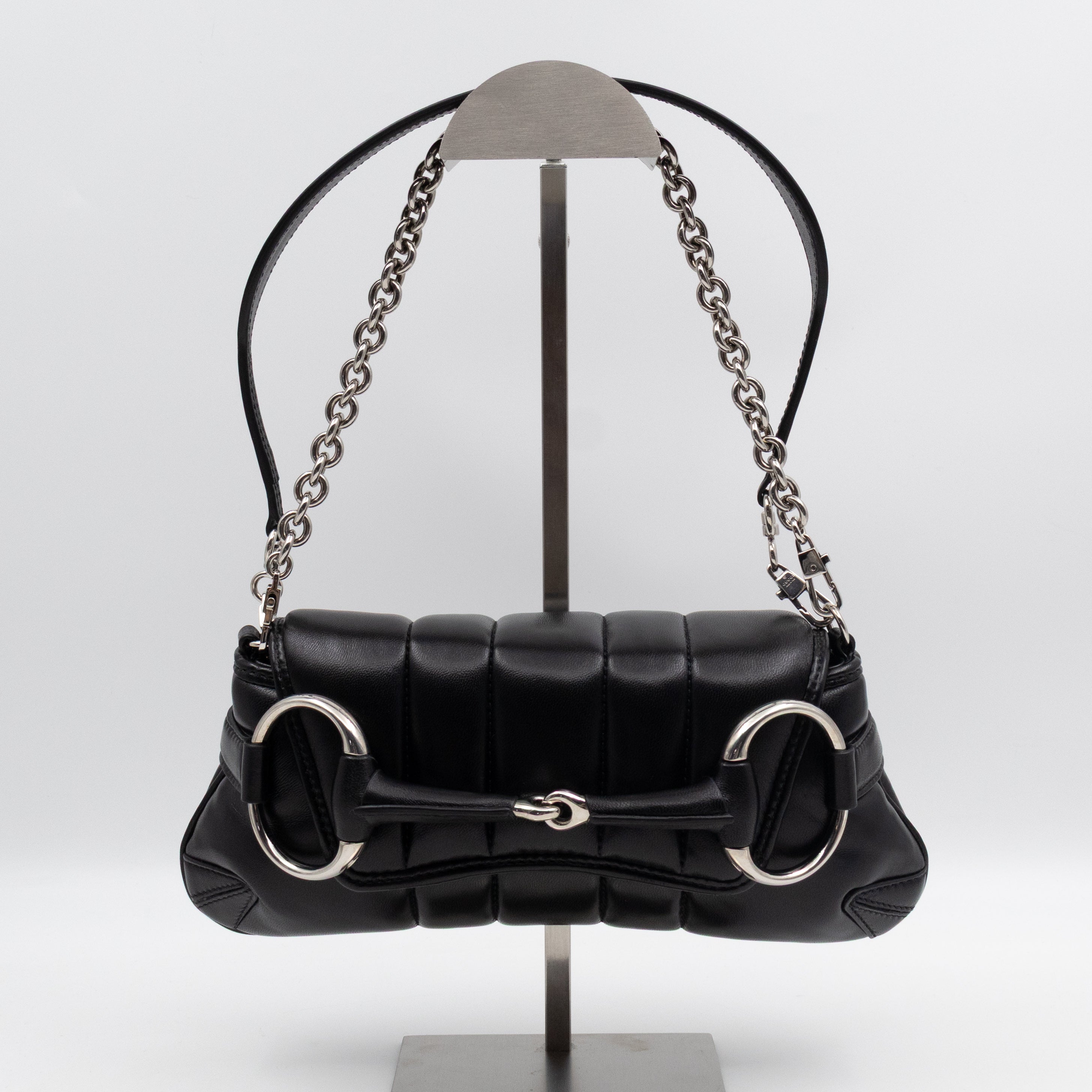 Horsebit Chain Small Shoulder Bag Black Quilted Lambskin Leather