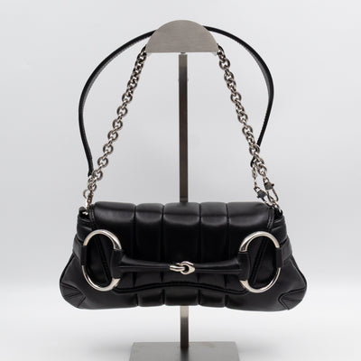 Horsebit Chain Small Shoulder Bag Black Quilted Lambskin Leather