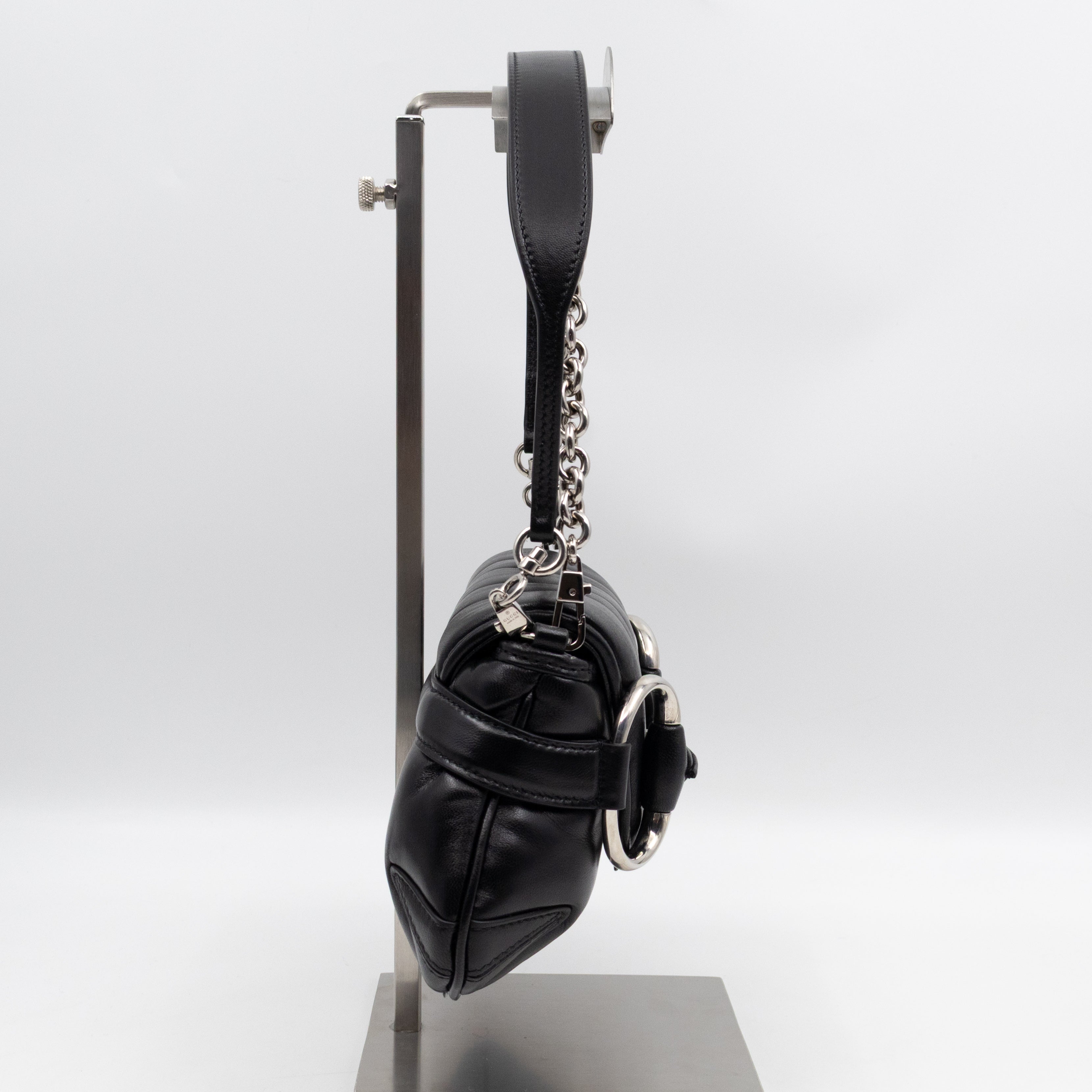 Horsebit Chain Small Shoulder Bag Black Quilted Lambskin Leather