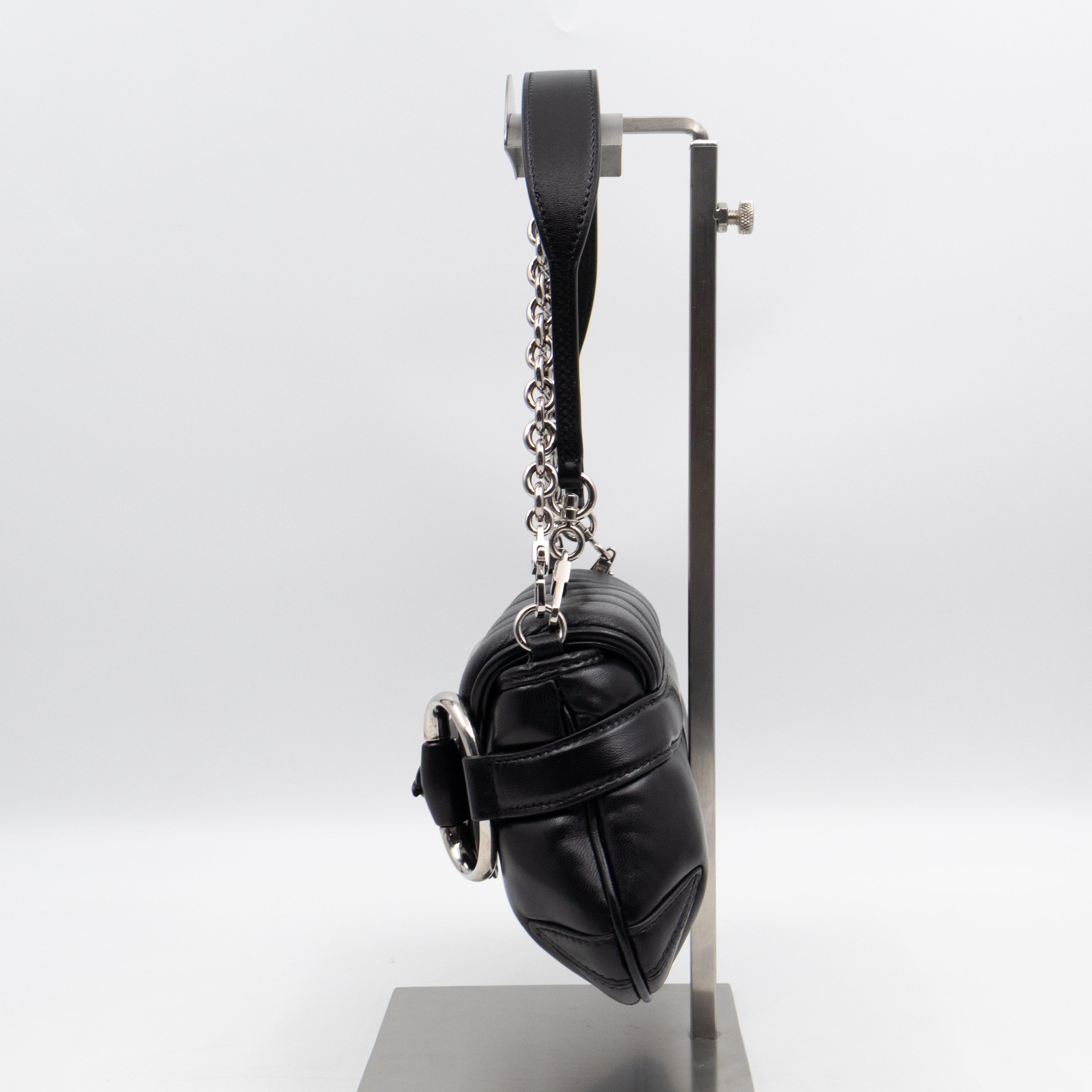 Horsebit Chain Small Shoulder Bag Black Quilted Lambskin Leather