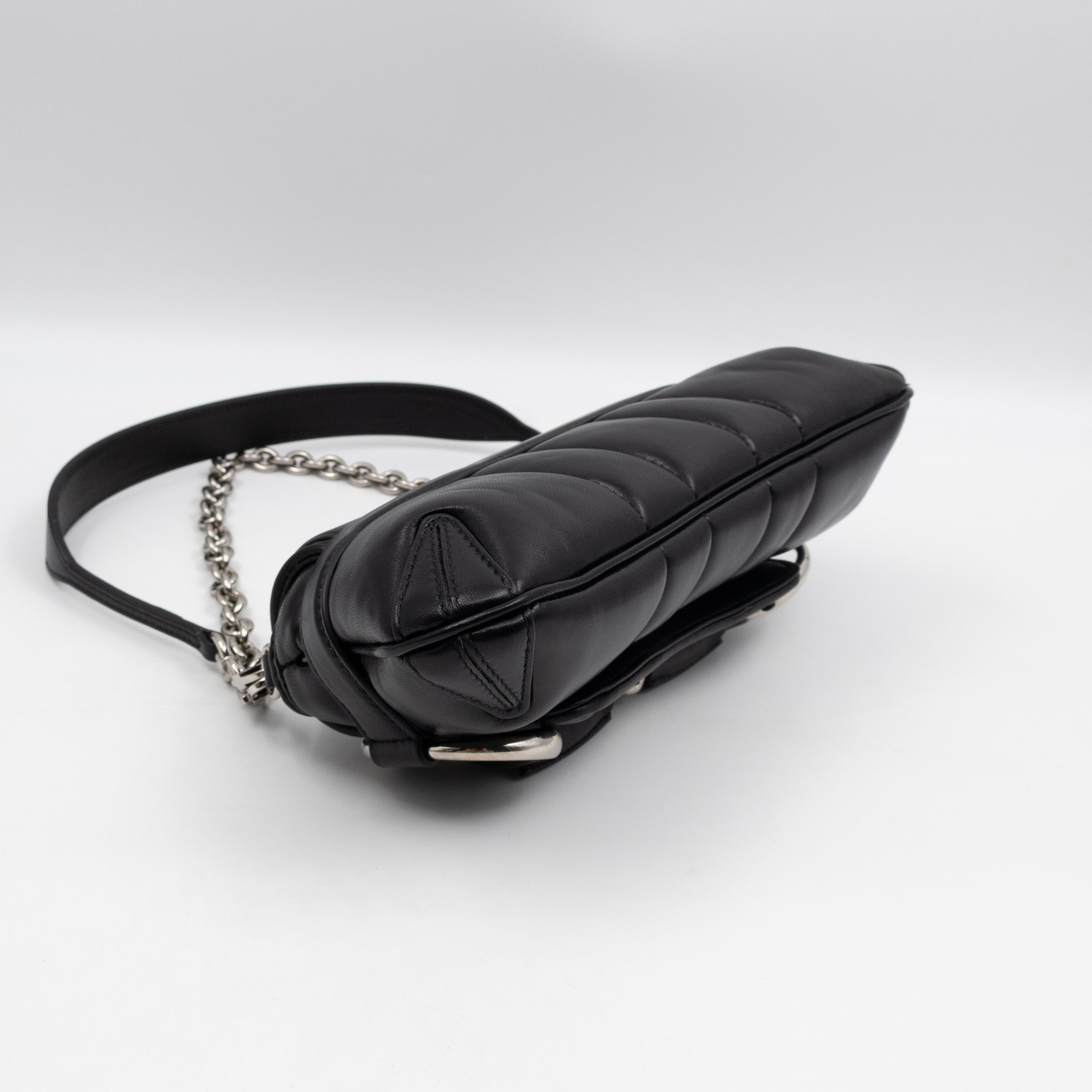 Horsebit Chain Small Shoulder Bag Black Quilted Lambskin Leather