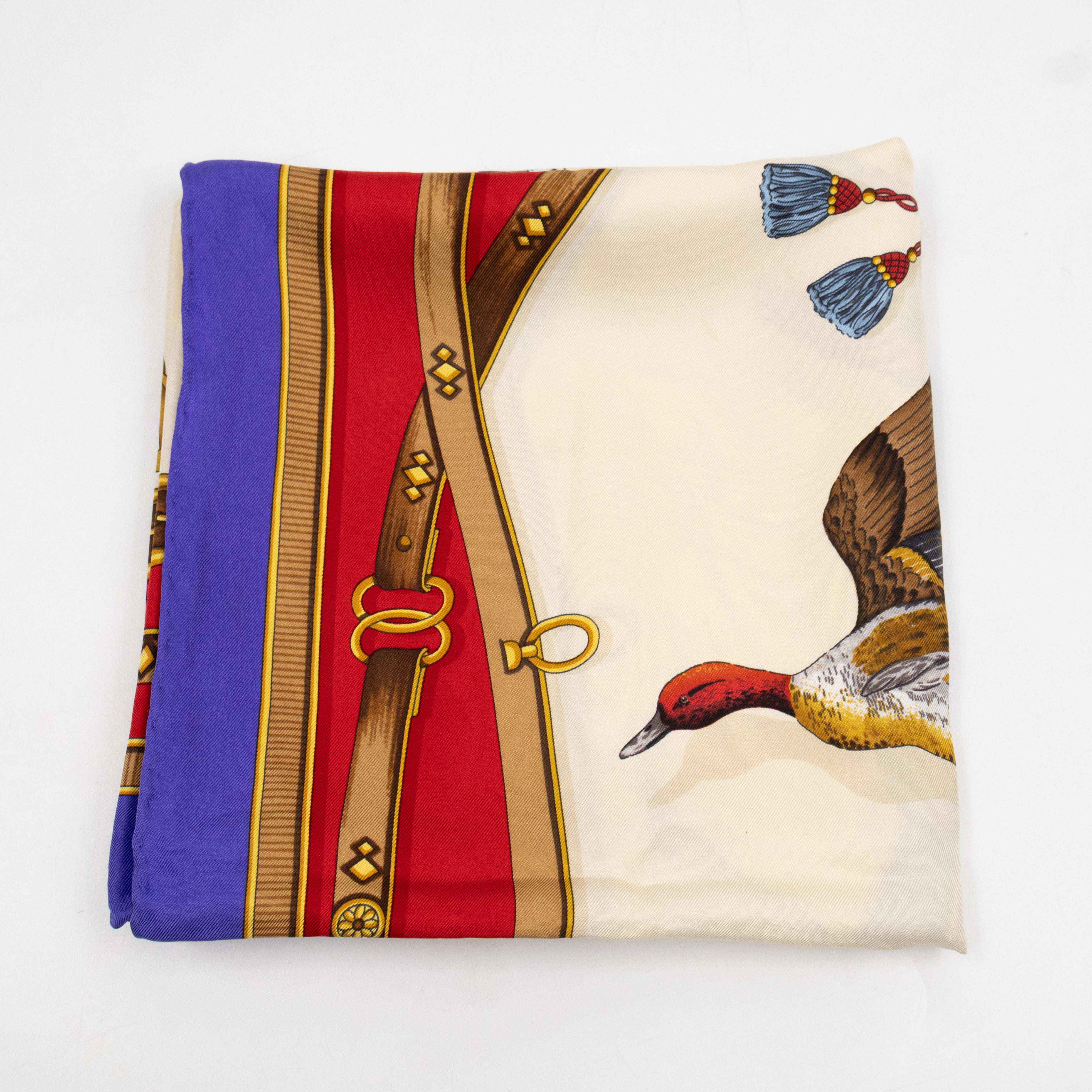 Silk Scarf 90 Flying Ducks Red & Purple