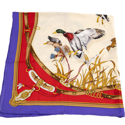 Silk Scarf 90 Flying Ducks Red & Purple