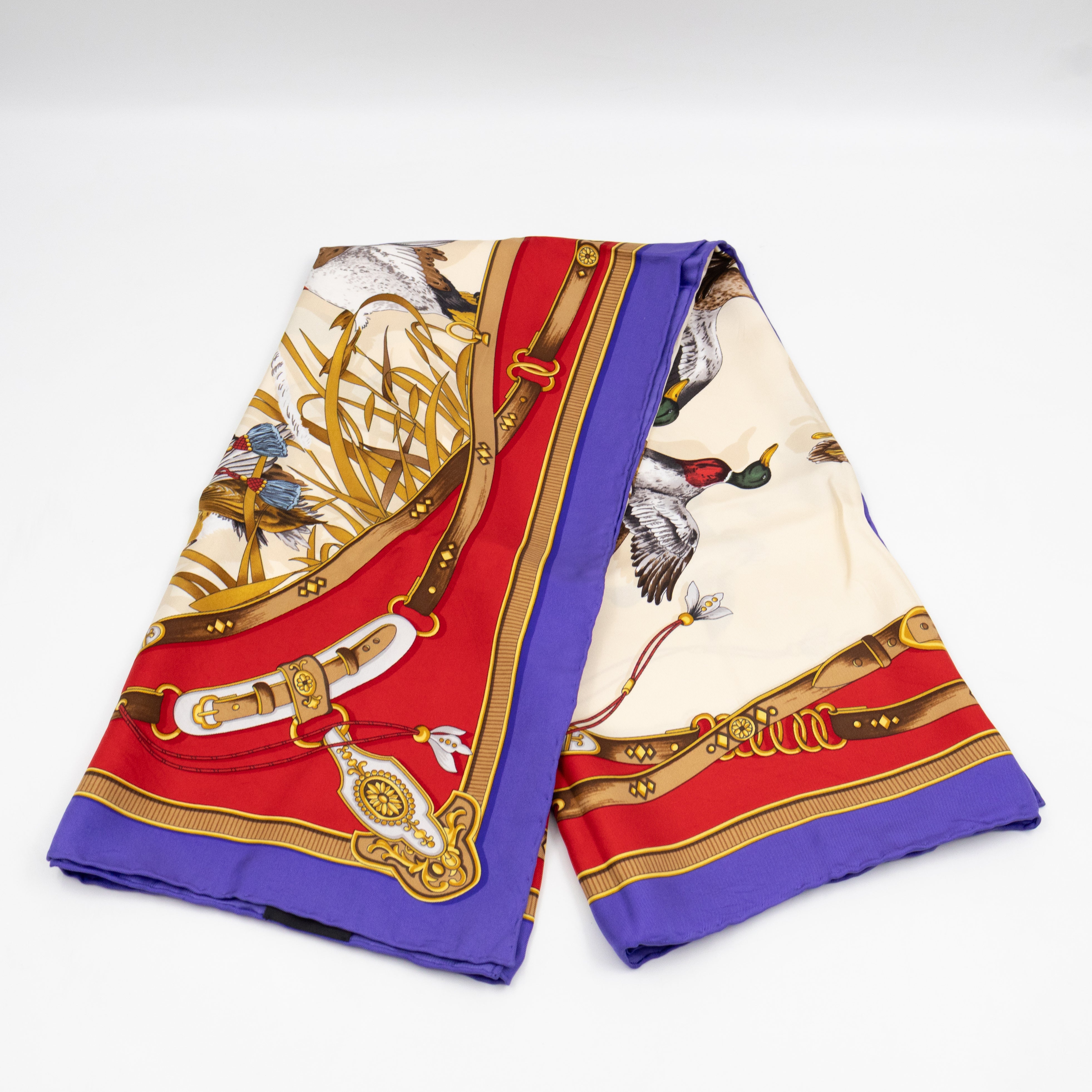 Silk Scarf 90 Flying Ducks Red & Purple