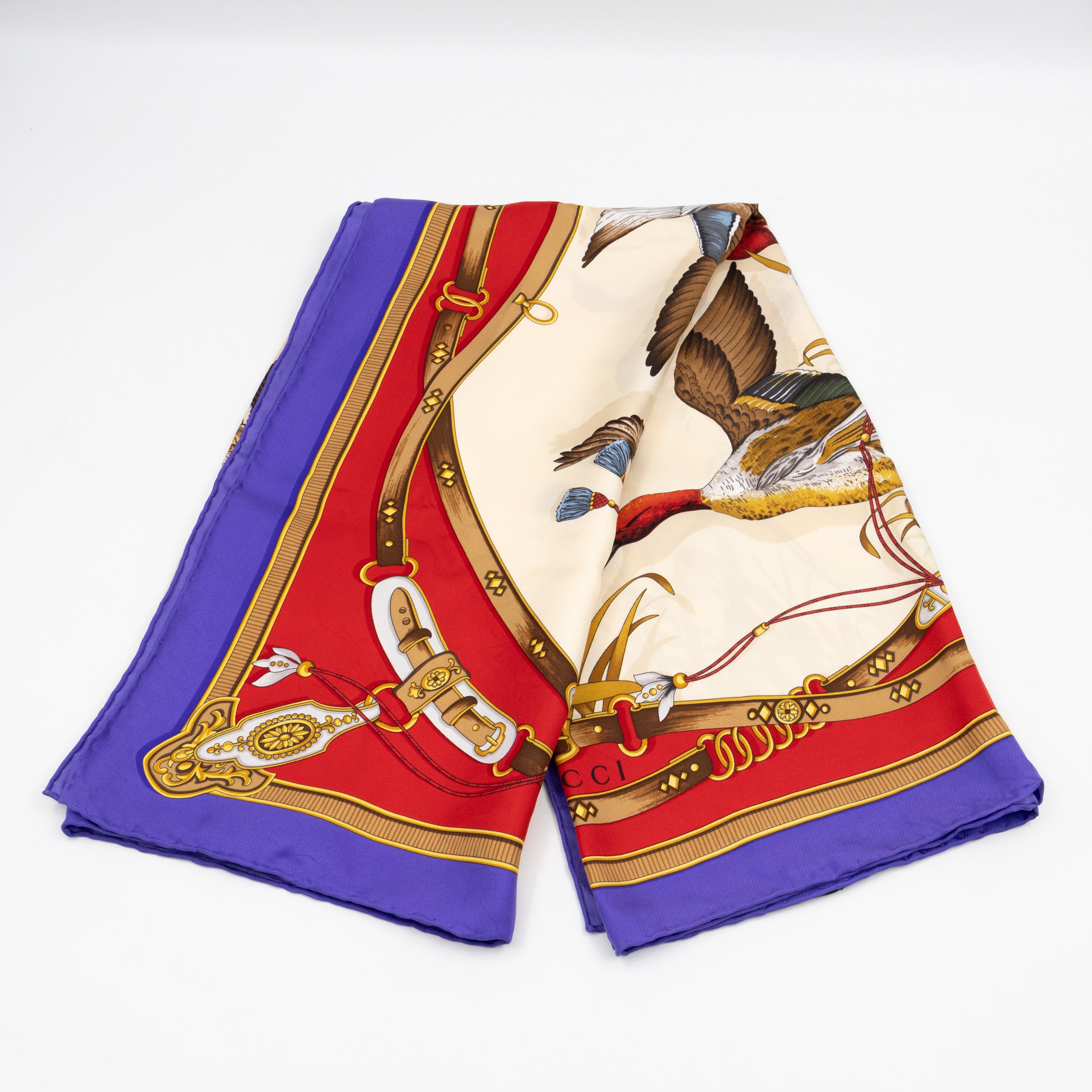 Silk Scarf 90 Flying Ducks Red & Purple