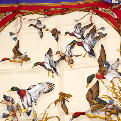 Silk Scarf 90 Flying Ducks Red & Purple