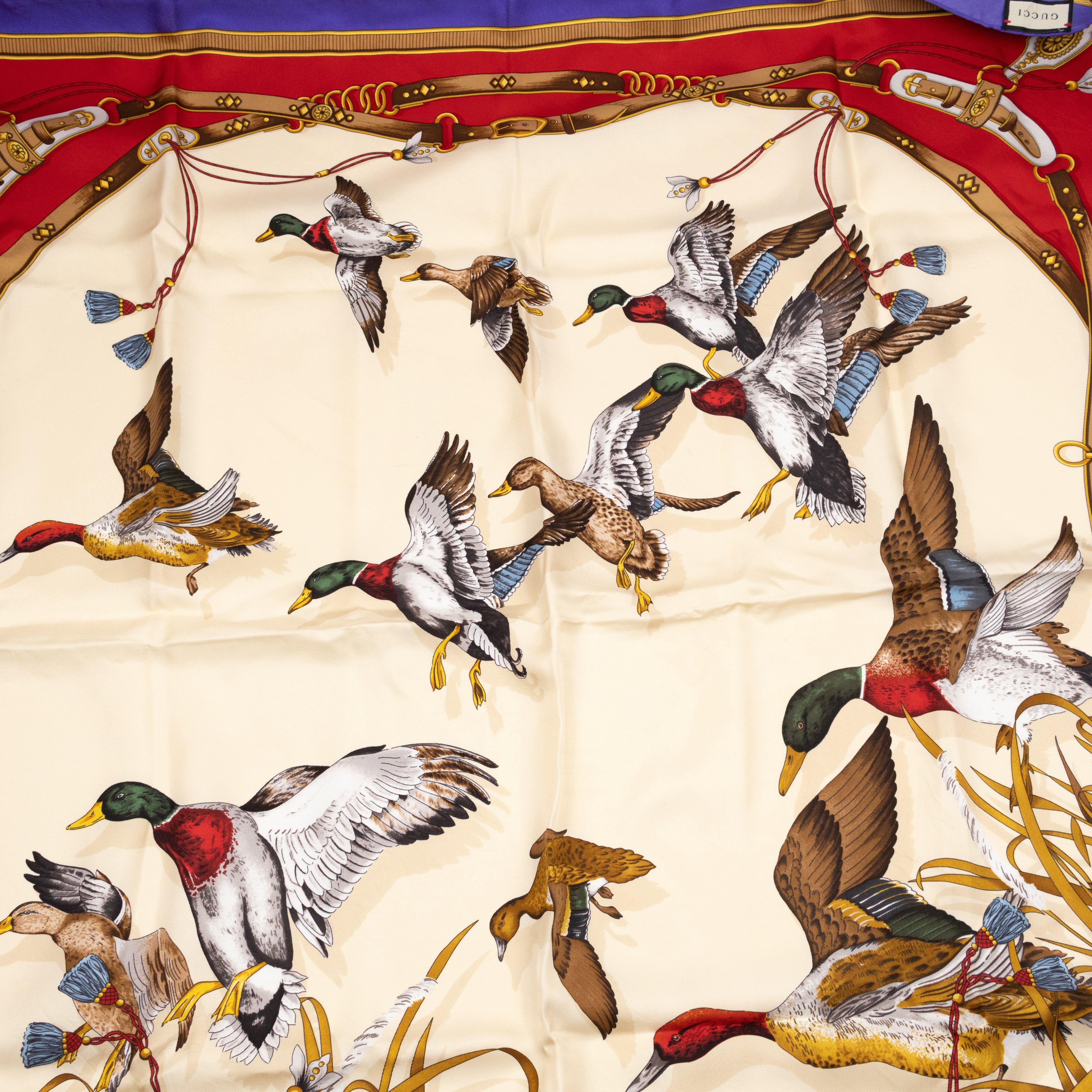 Silk Scarf 90 Flying Ducks Red & Purple