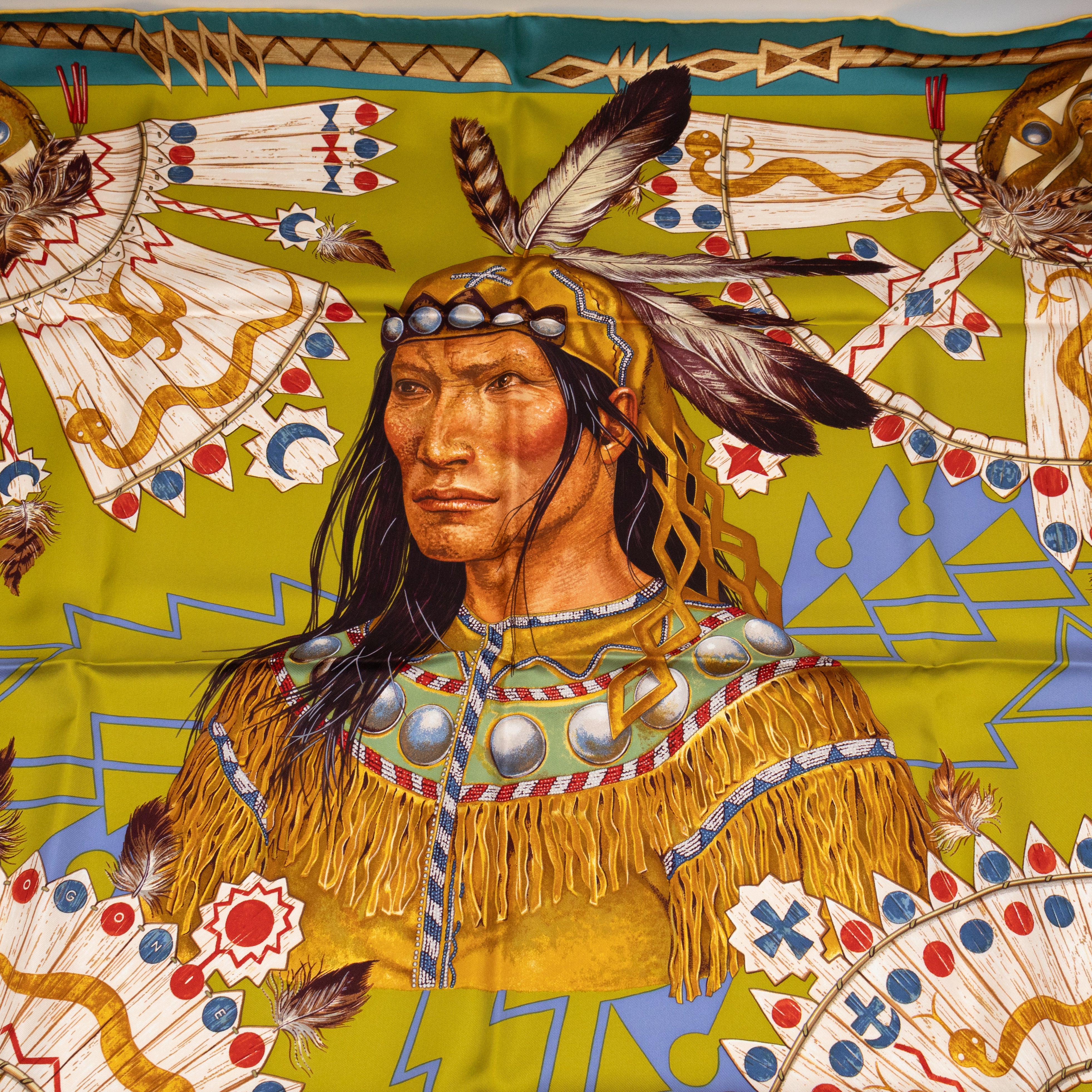 Silk Scarf 90 Cosmogonie Apache Green & Multicolor