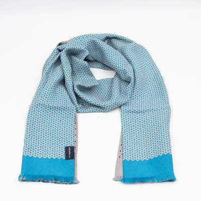 Silk Scarf Blue Geometric & Grey Polka Pattern