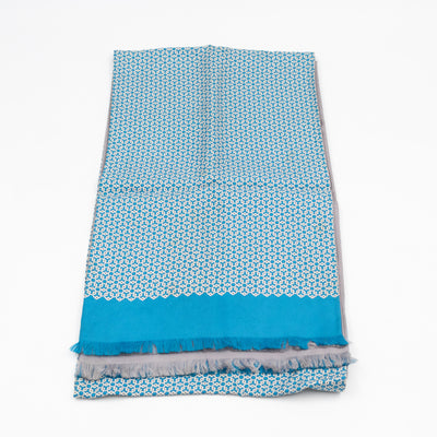 Silk Scarf Blue Geometric & Grey Polka Pattern