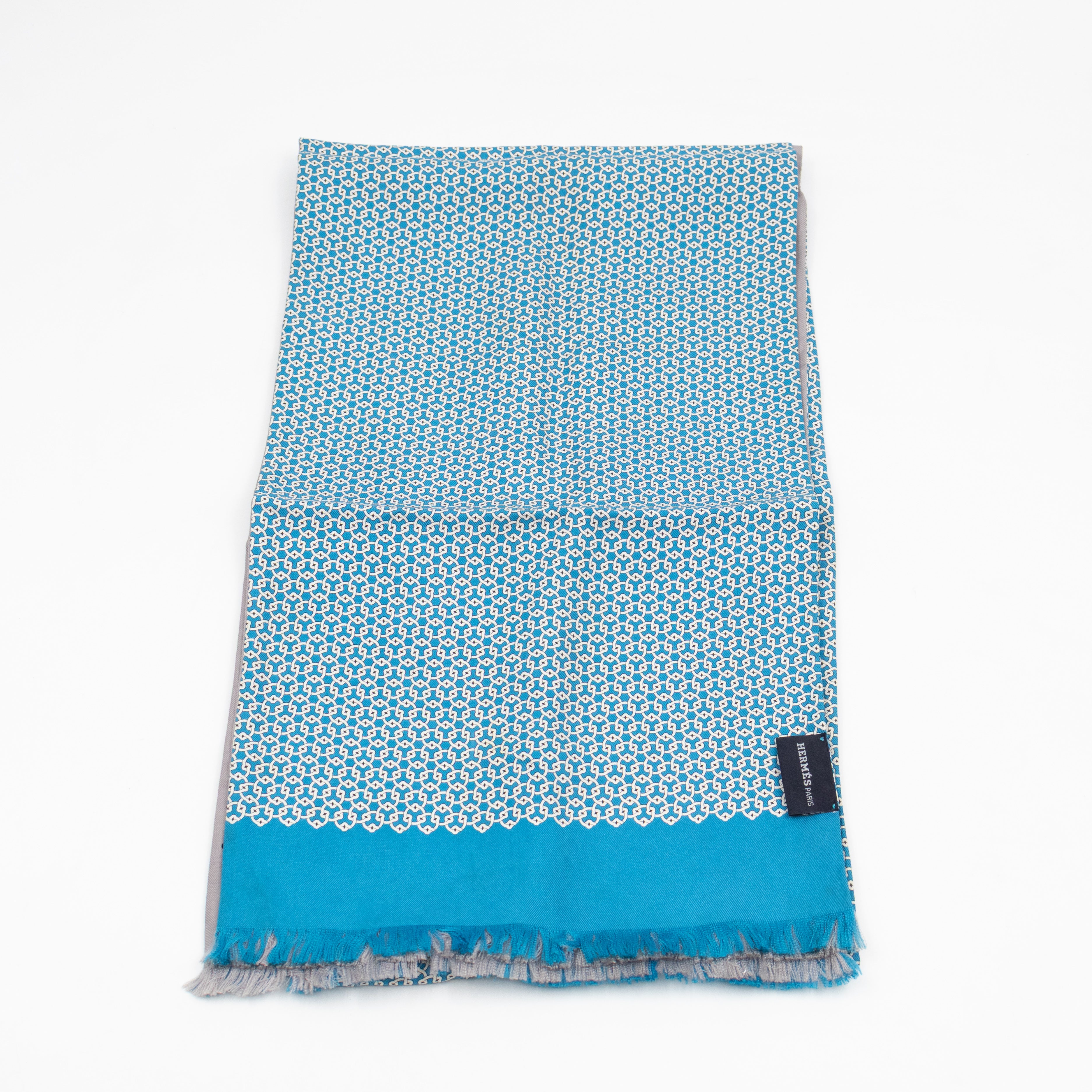 Silk Scarf Blue Geometric & Grey Polka Pattern