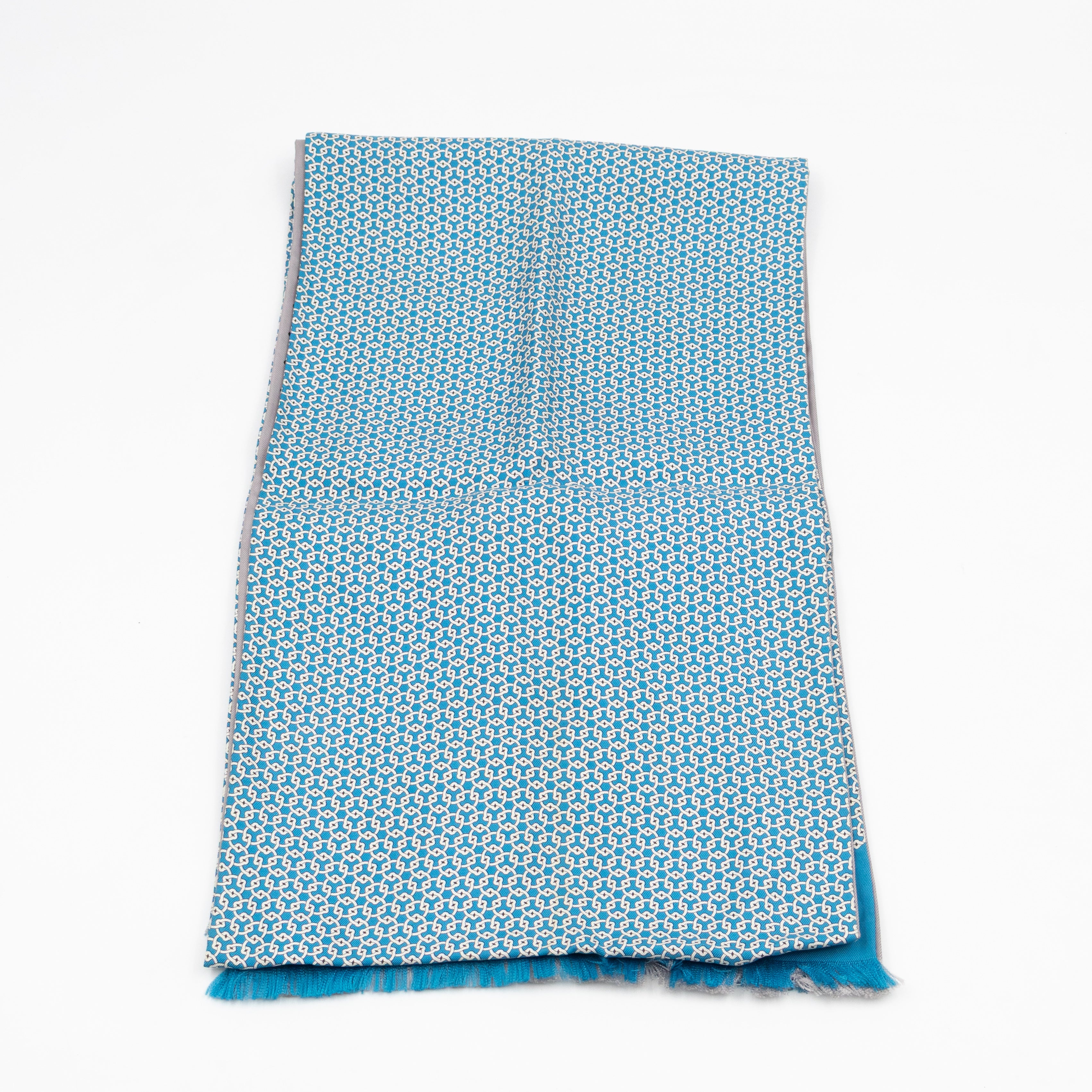 Silk Scarf Blue Geometric & Grey Polka Pattern