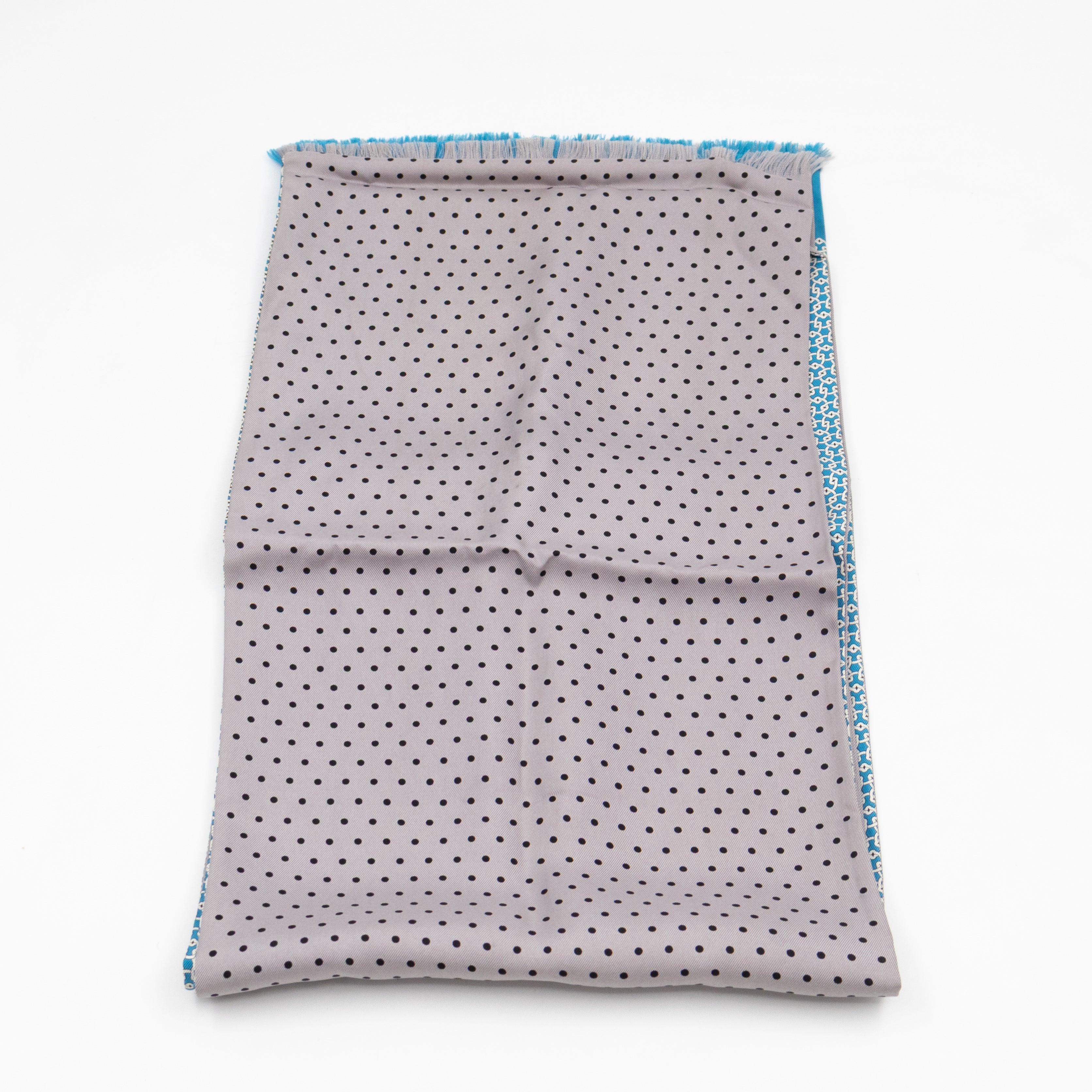 Silk Scarf Blue Geometric & Grey Polka Pattern