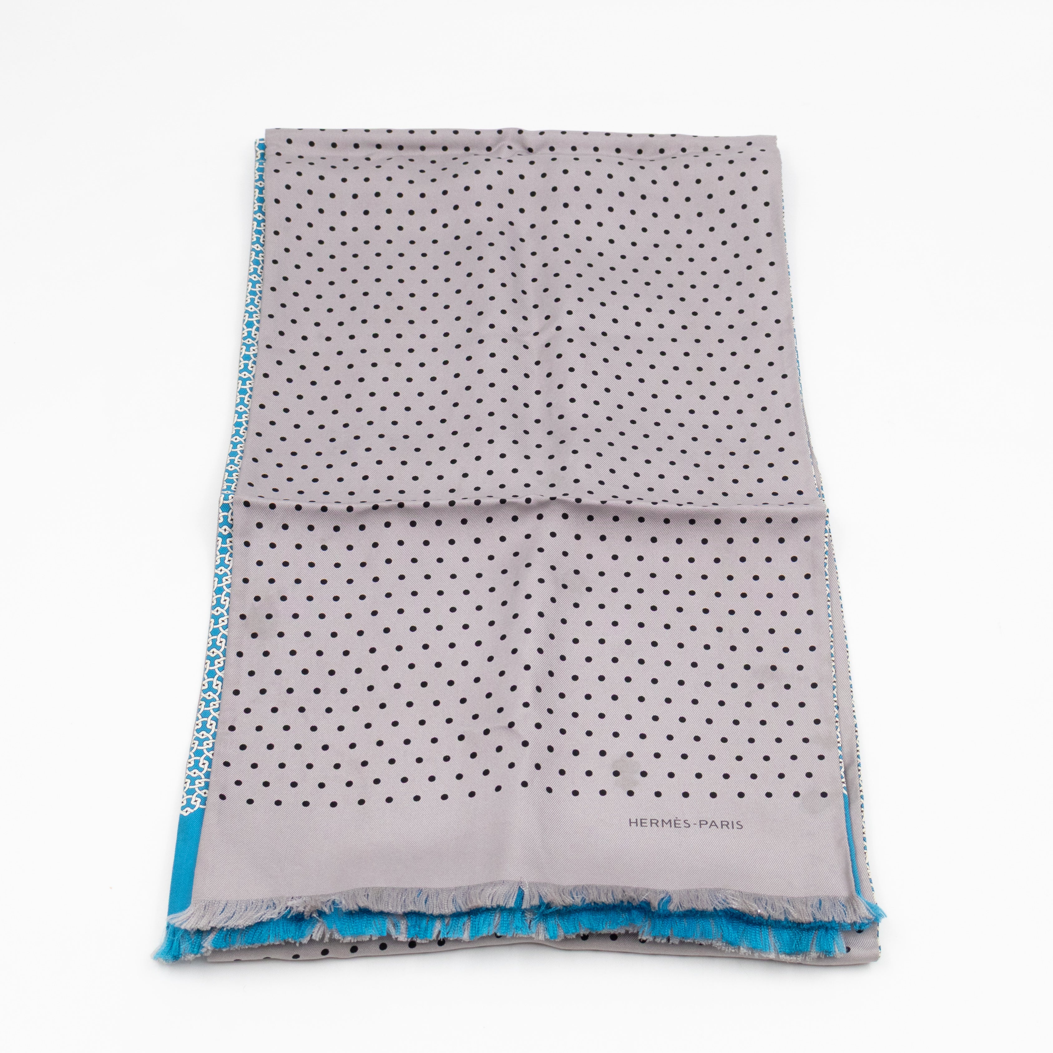 Silk Scarf Blue Geometric & Grey Polka Pattern
