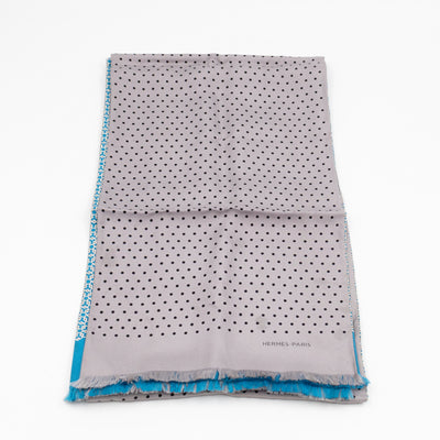 Silk Scarf Blue Geometric & Grey Polka Pattern