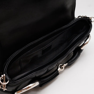 Horsebit Chain Medium Shoulder Bag Black Quilted Lambskin Leather