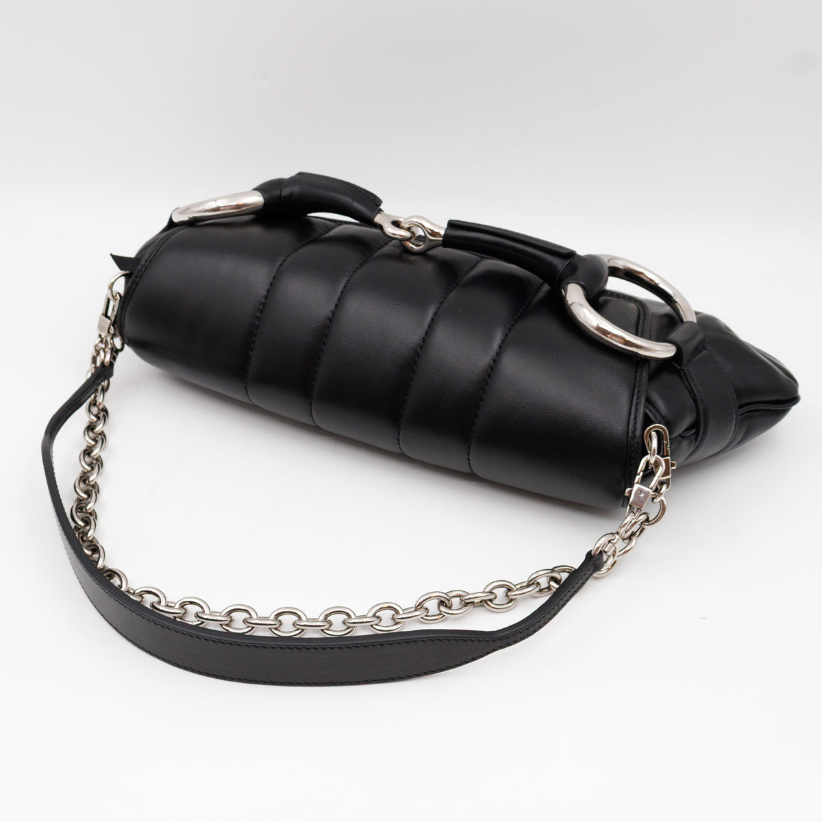 Horsebit Chain Medium Shoulder Bag Black Quilted Lambskin Leather