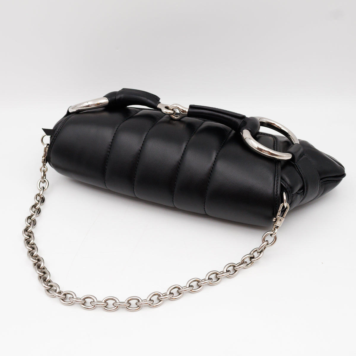 Horsebit Chain Medium Shoulder Bag Black Quilted Lambskin Leather