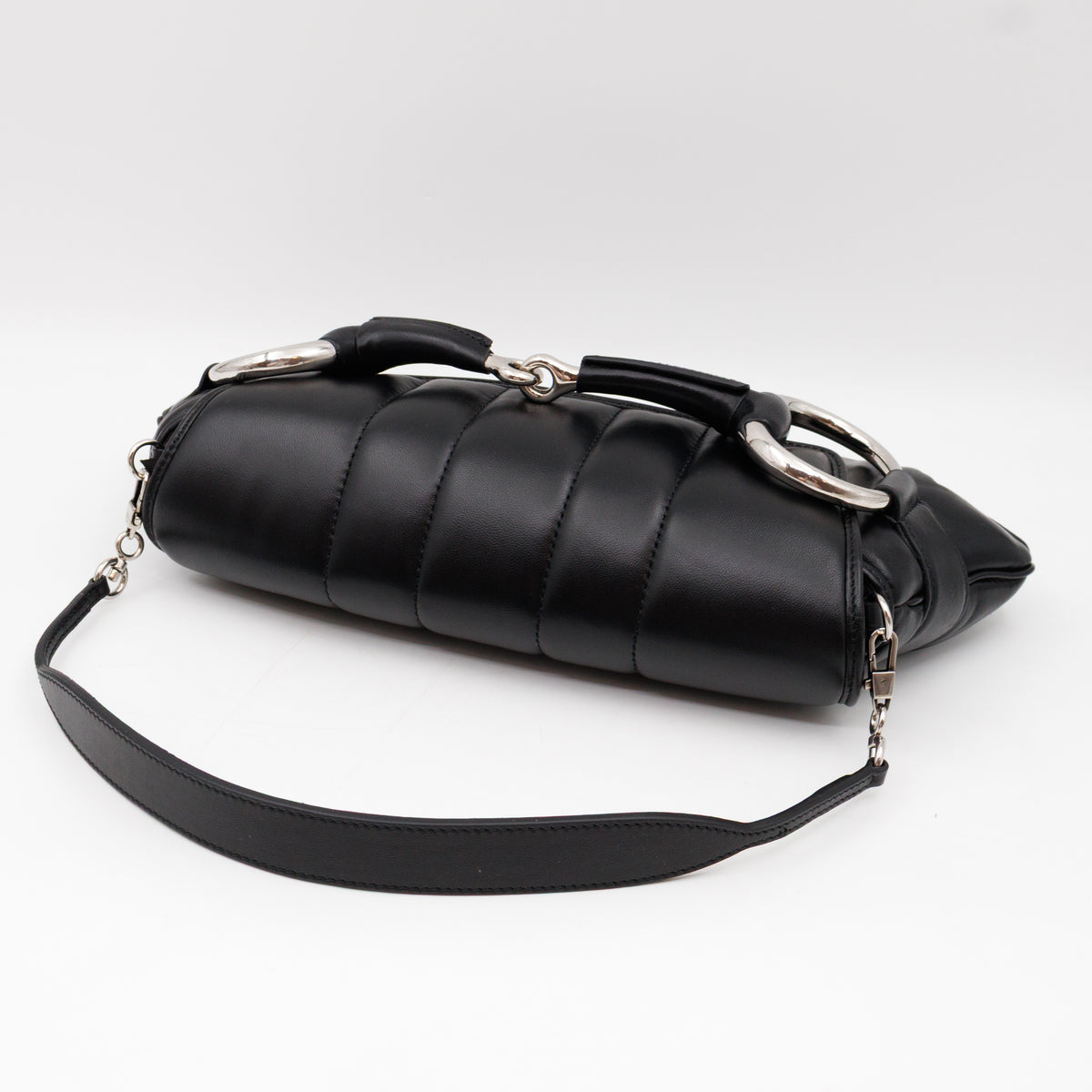Horsebit Chain Medium Shoulder Bag Black Quilted Lambskin Leather