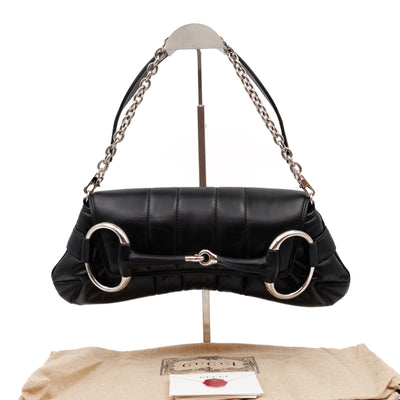 Horsebit Chain Medium Shoulder Bag Black Quilted Lambskin Leather