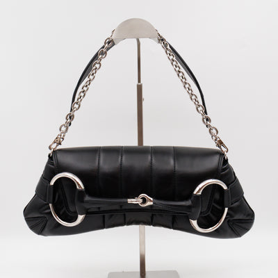 Horsebit Chain Medium Shoulder Bag Black Quilted Lambskin Leather