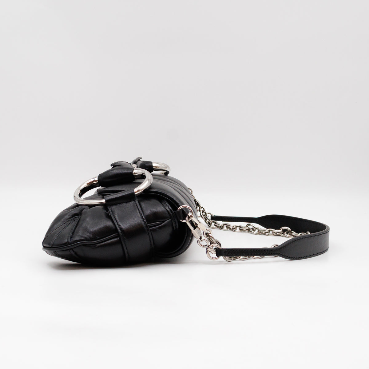 Horsebit Chain Medium Shoulder Bag Black Quilted Lambskin Leather